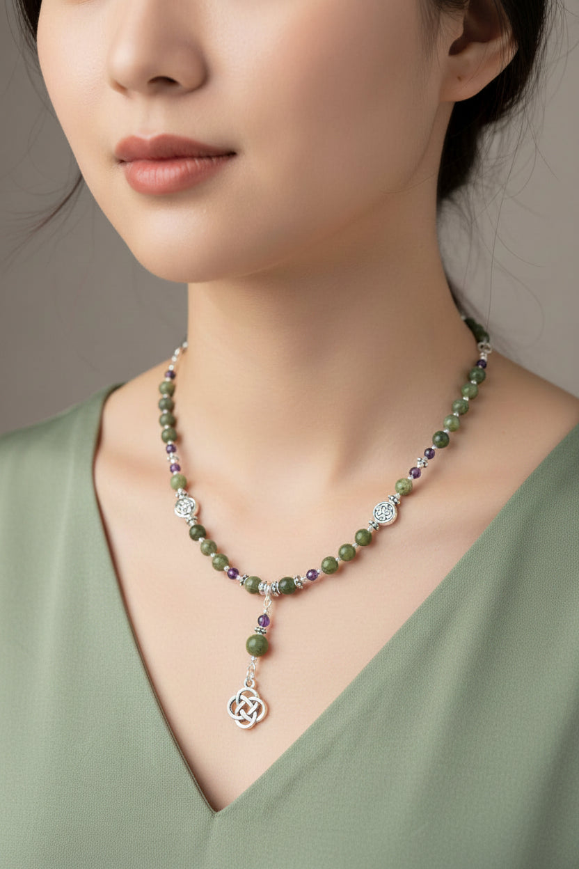 Connemara Marble with Amethyst Gemstones with Round Celtic Knot Drop