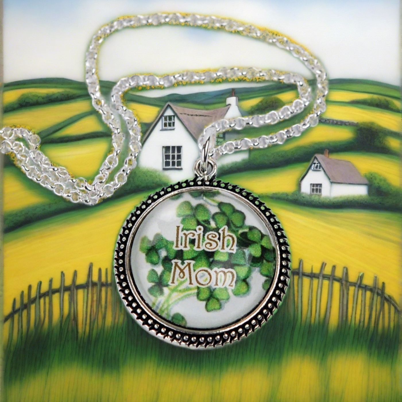 "Irish Mom" with Shamrocks in Beaded Bezel Pendant