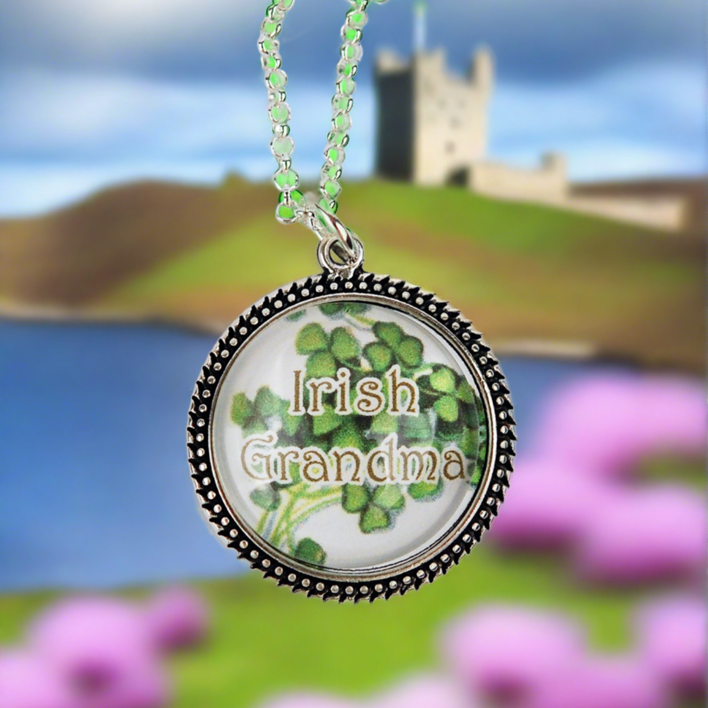 "Irish Grandma" with Shamrocks in Beaded Bezel Pendant
