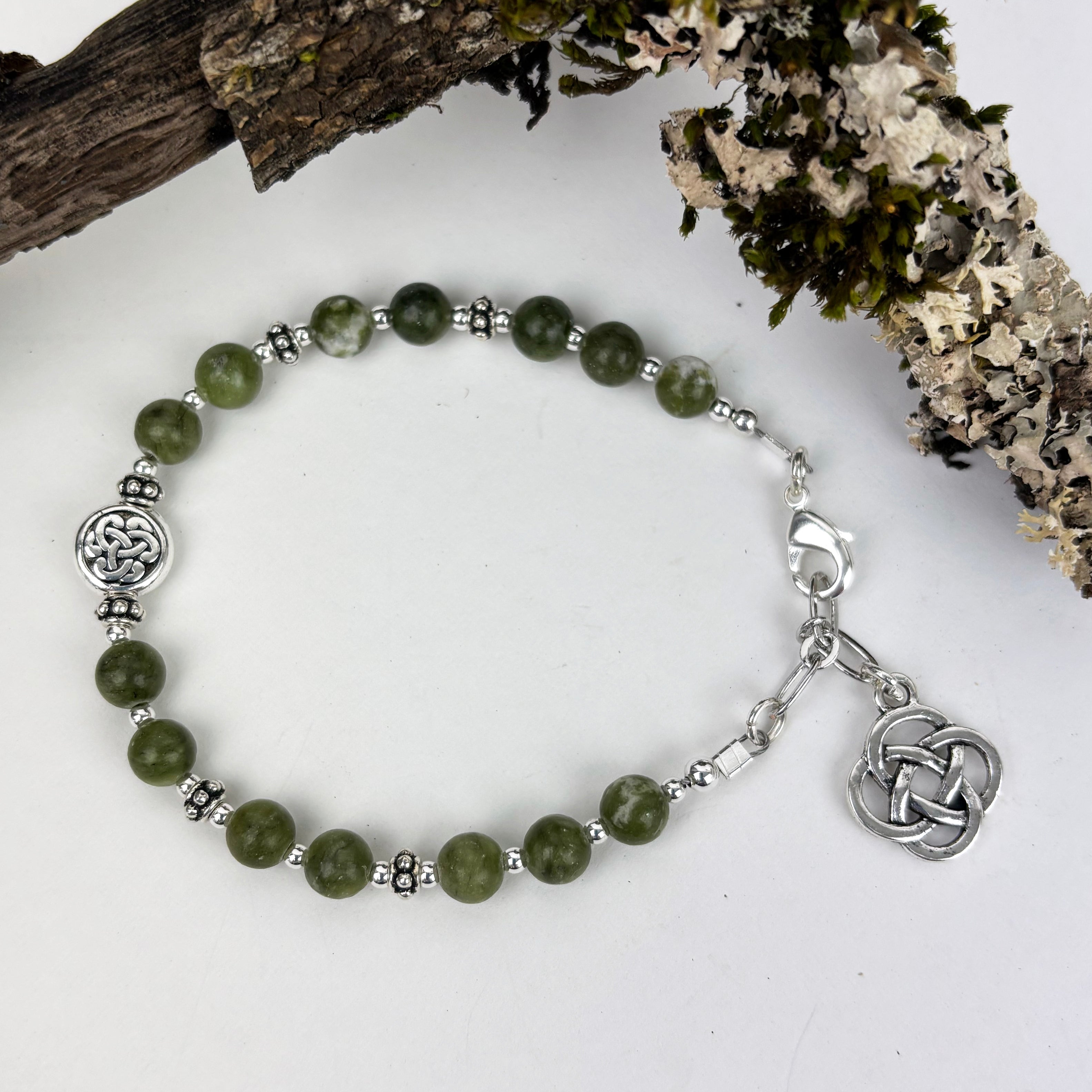 Connemara Marble Beaded Irish Bracelet with Round Celtic Knot