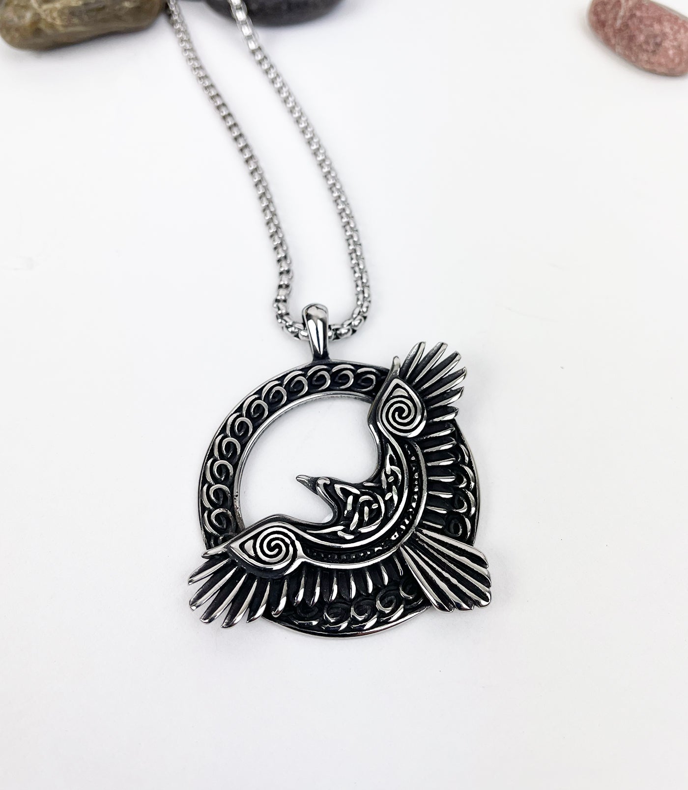 Mystical Raven in Flight Stainless Steel Pendant