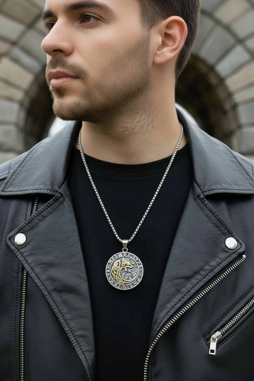 Wolfhound Wolf Encircled with Runes with Gold details Pendant