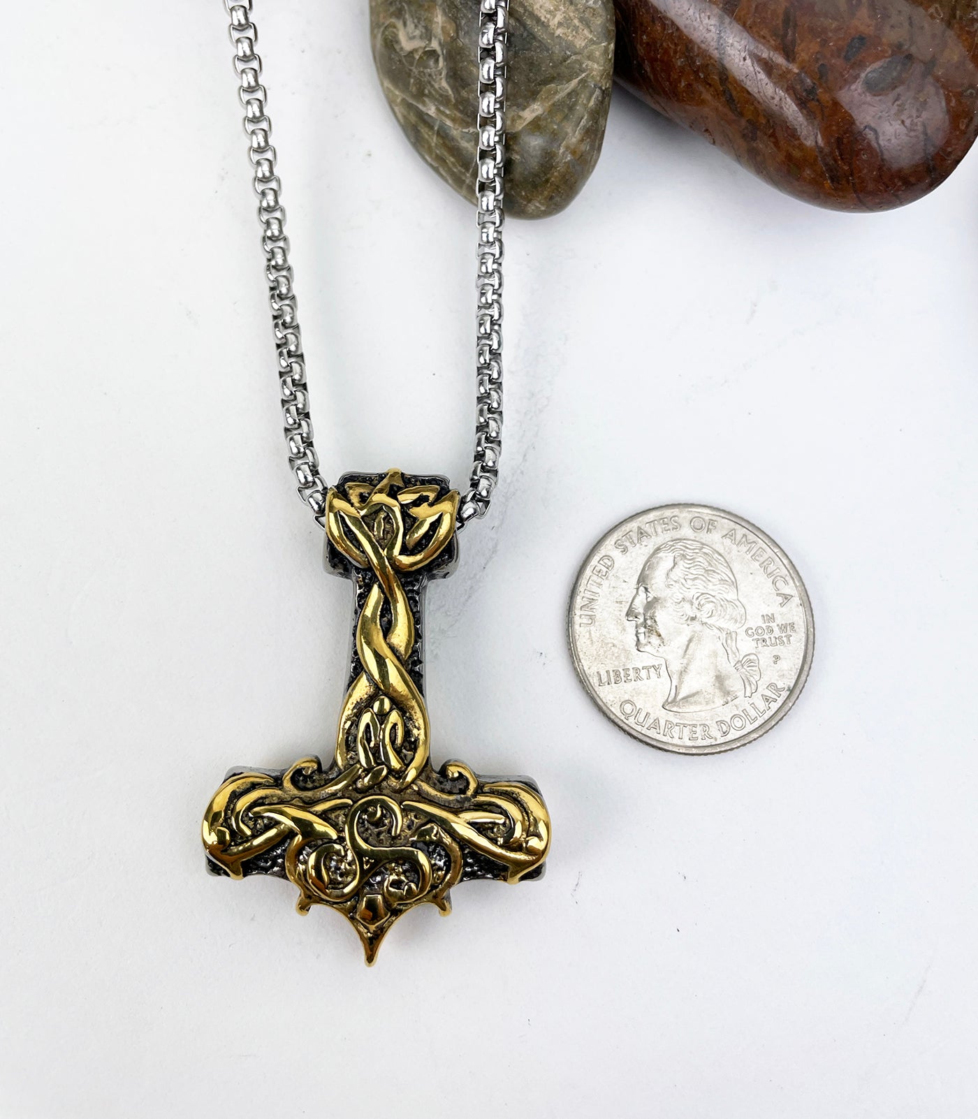 Triskele Fluid Gold Details on Stainless Steel Thor's Hammer