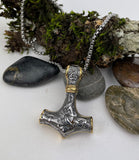 DM-523G Stainless Steel Thor's Hammer with Gold Trim Pendant