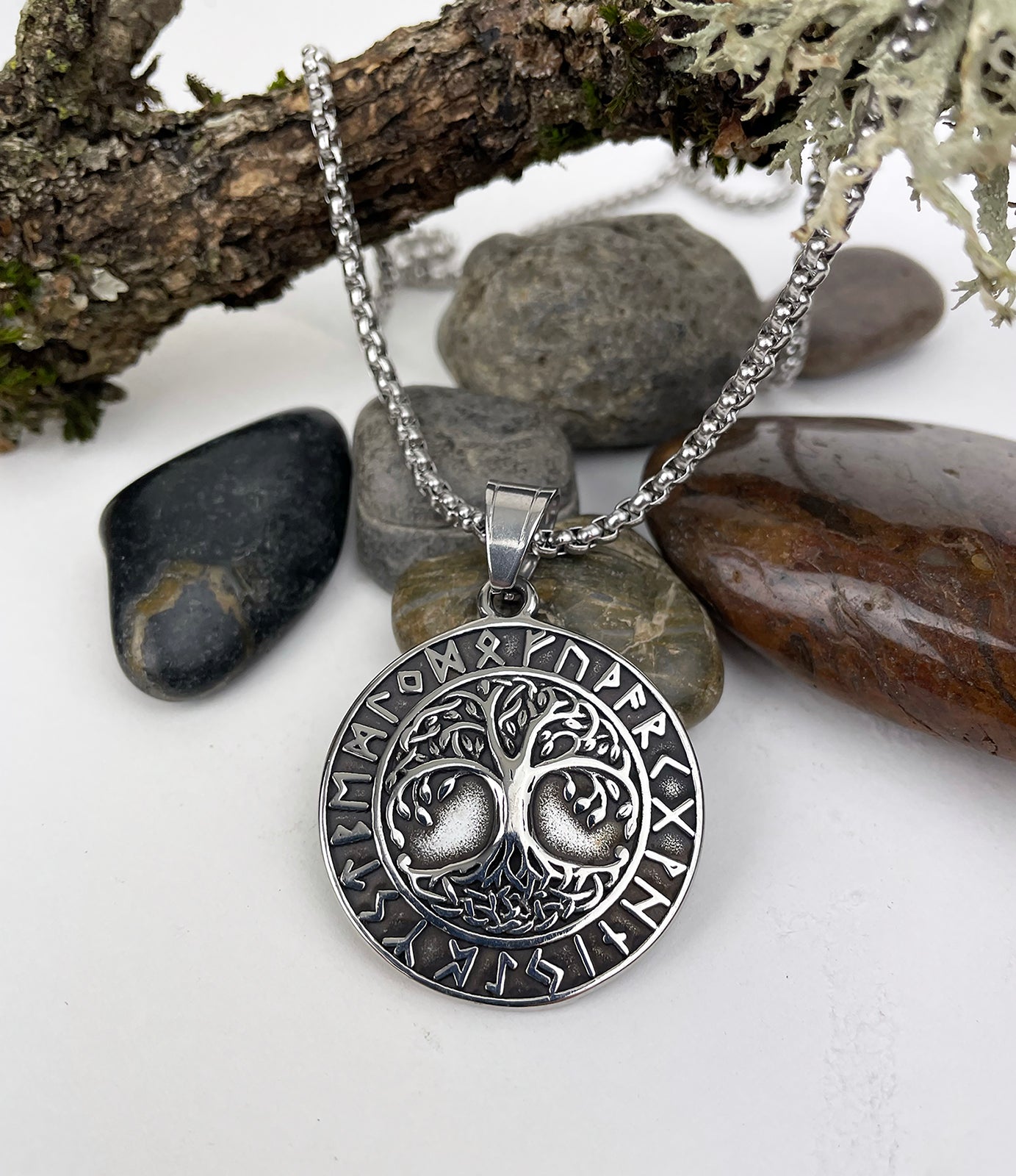 Tree of Life in Circle of Rune Symbols Stainless Steel Pendant