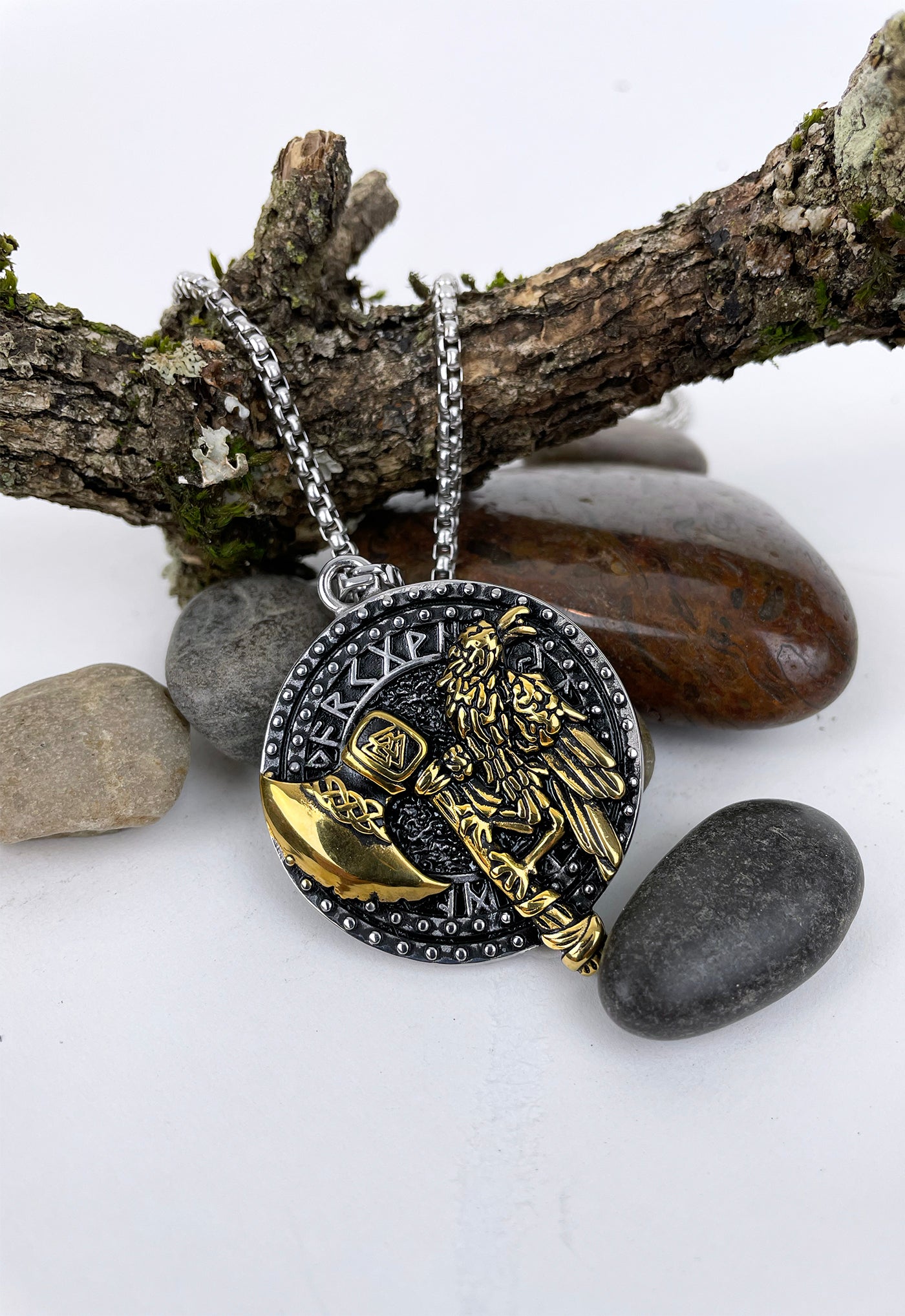 Celtic Raven and Axe with Runes Stainless Steel Pendant