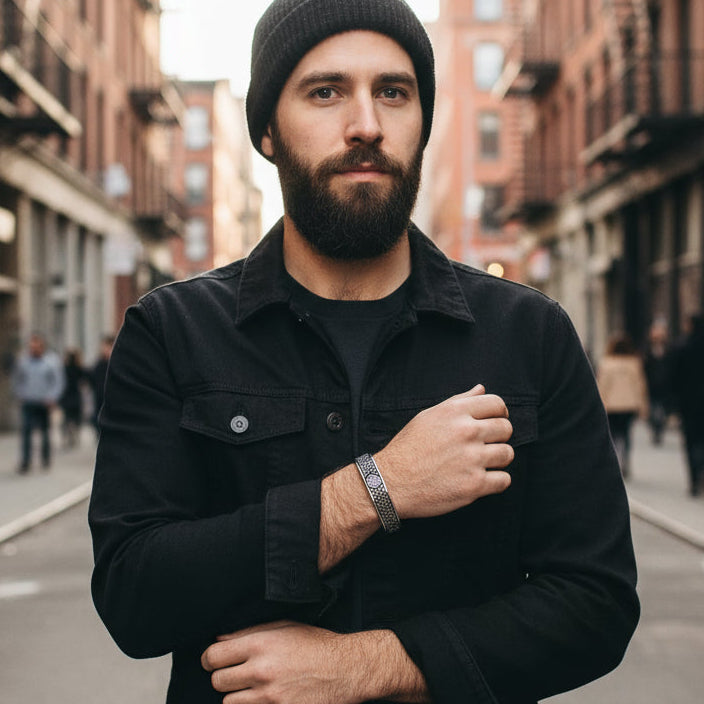 Men's Cuff Bracelet with Rectangle and Round Quad Celtic Knots