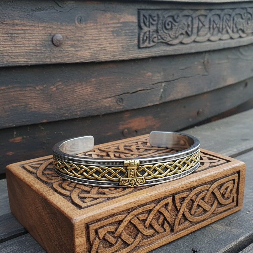 Men's Stainless Steel Cuff Bracelet with Thor's Hammer and Celtic Knot in Gold