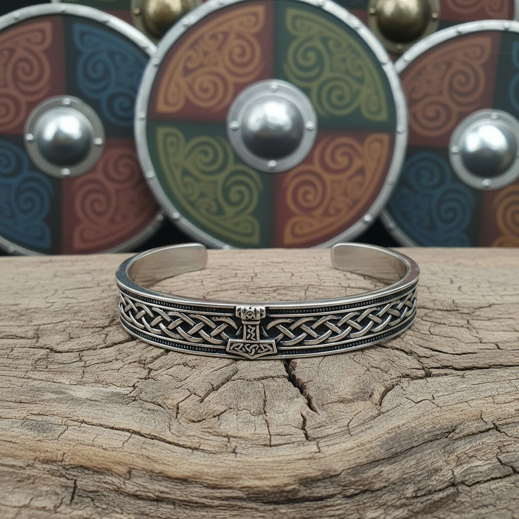 Men's Stainless Steel Cuff Bracelet with Thor's Hammer and Celtic Knot details