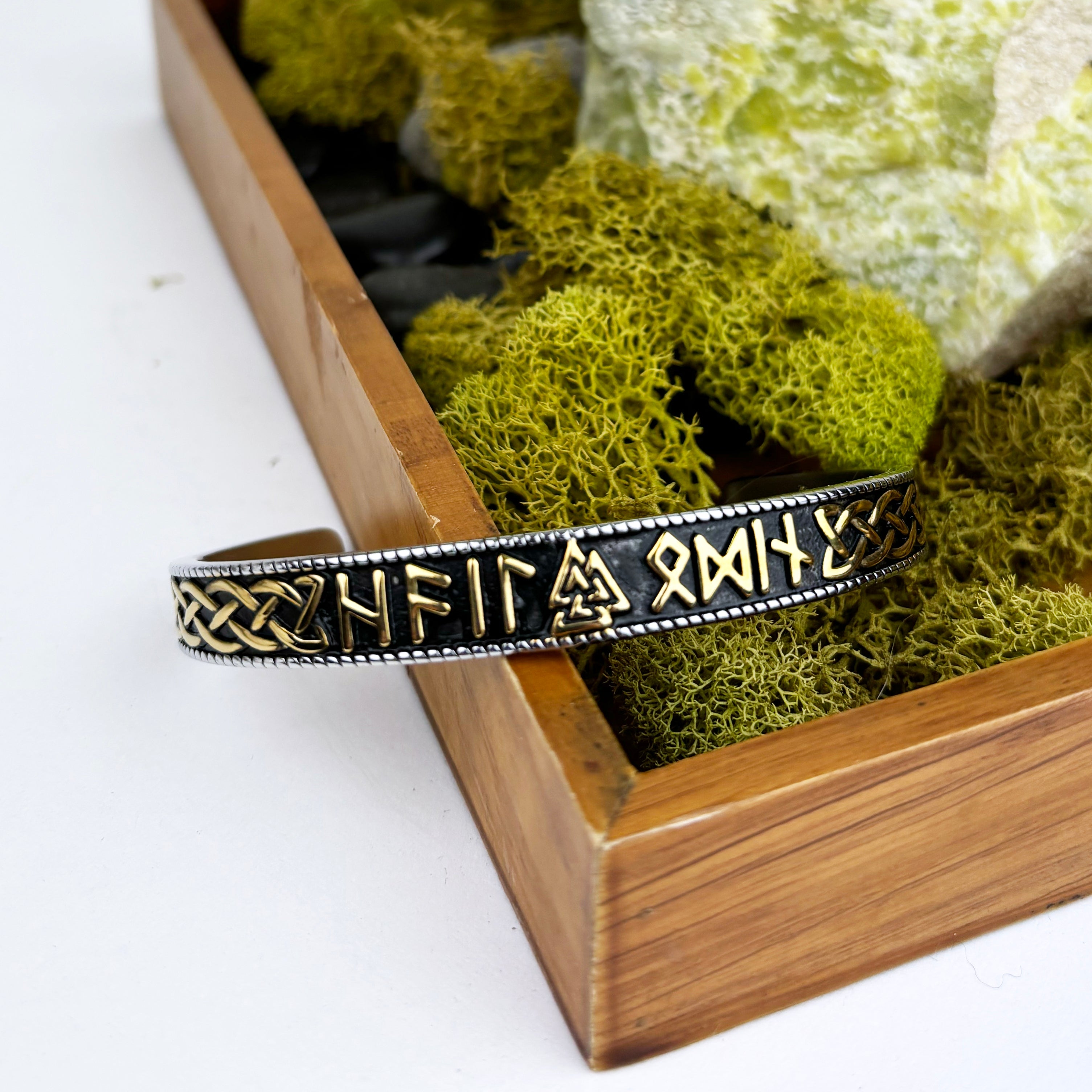 Men's Cuff Bracelet with Viking Valknut and Rune Symbols with Gold Details