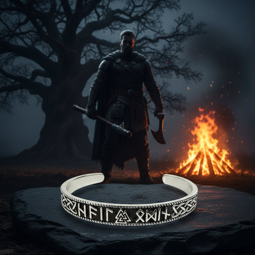 Men's Cuff Bracelet with Viking Valknut and Rune Symbols