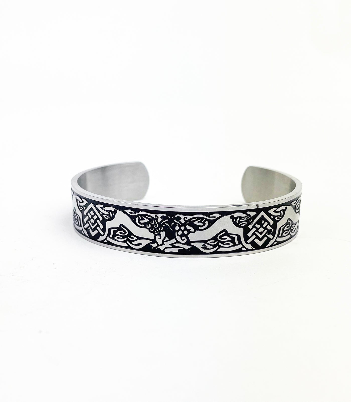 Men's Stainless Steel Cuff Bracelet with Celtic Wolfhounds