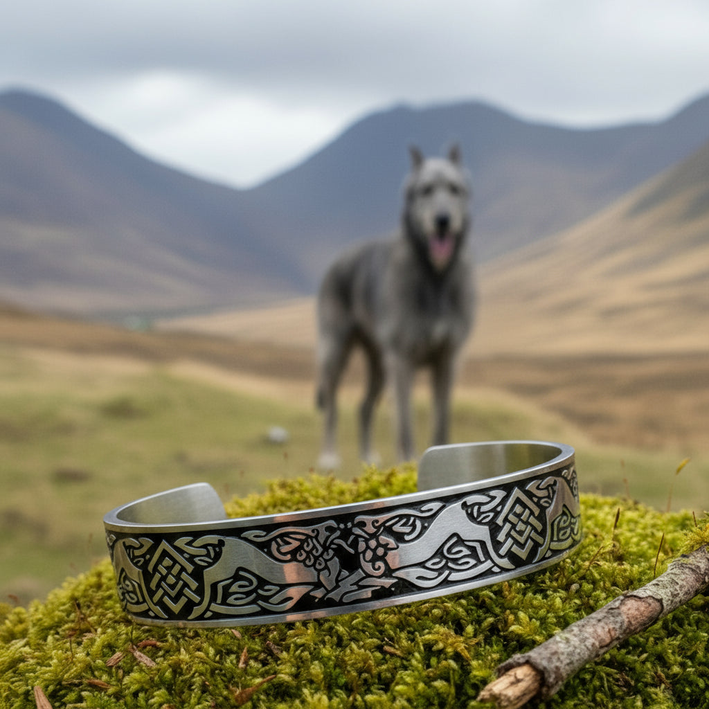 Men's Stainless Steel Cuff Bracelet with Celtic Wolfhounds