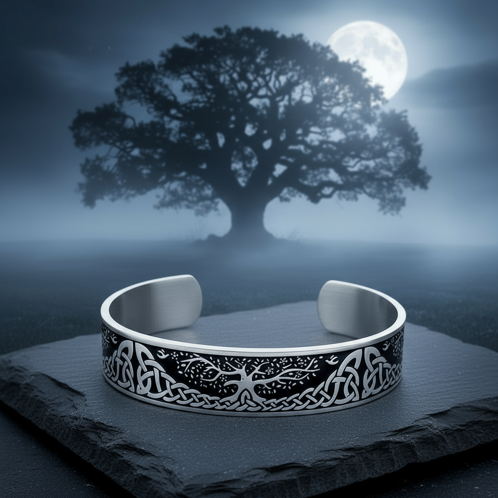 Men's Stainless Steel Cuff Bracelet with Celtic Tree of Life