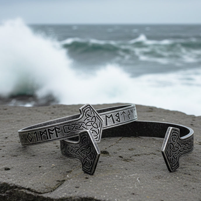 Ancient Weathered Torc Men's Bracelet with Rune Symbols