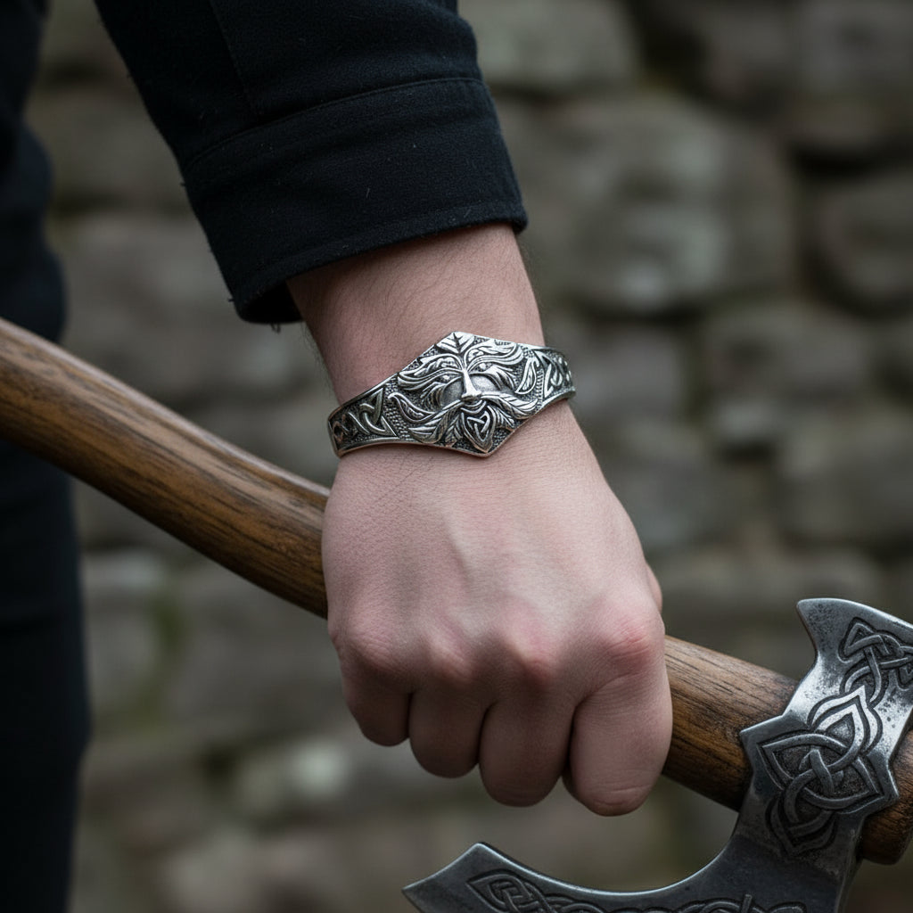 Men's Stainless Steel Celtic Green Man Cuff Bracelet