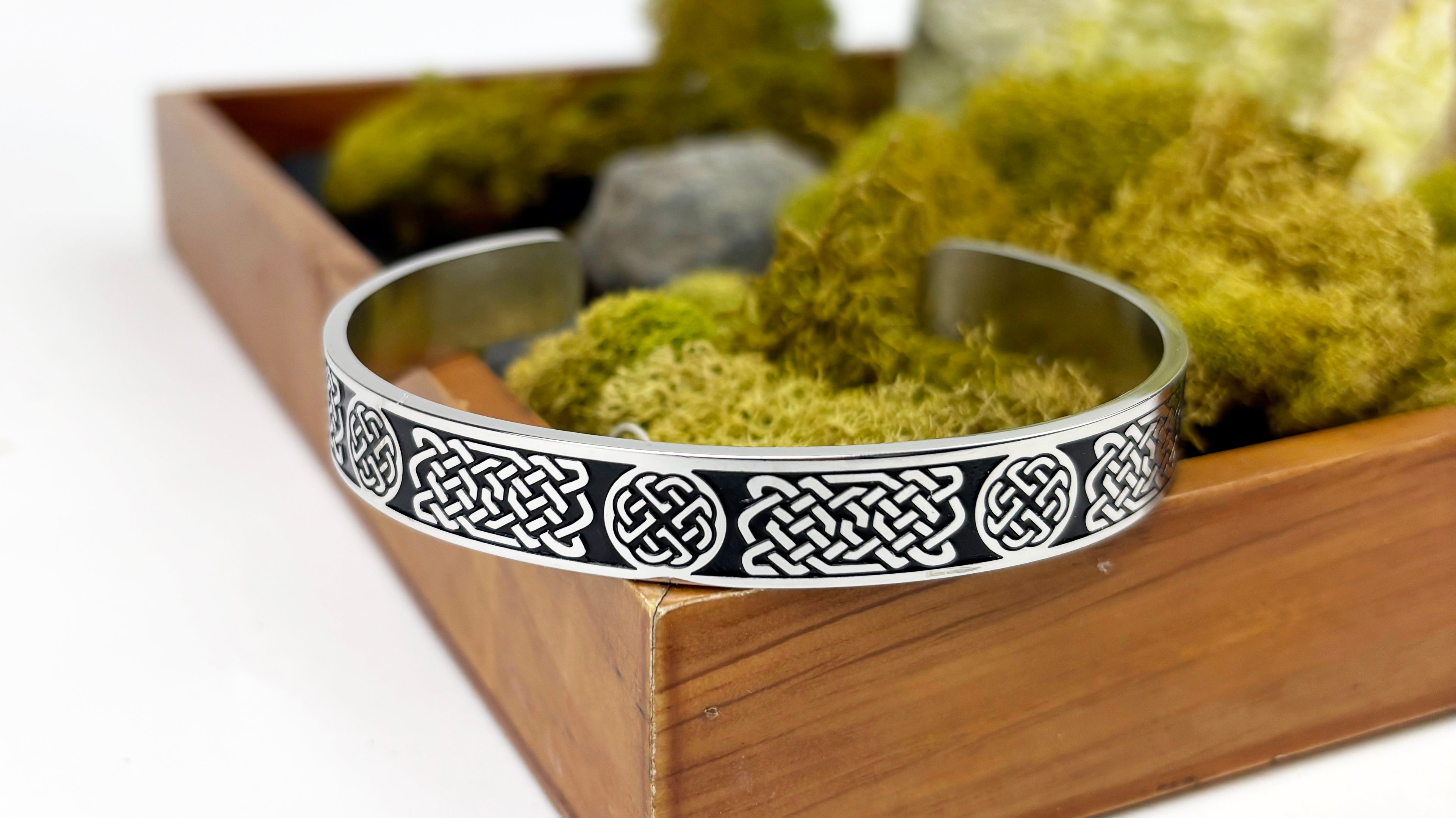 Men's Stainless Steel Cuff Bracelet with Round and Rectangle Celtic Knots