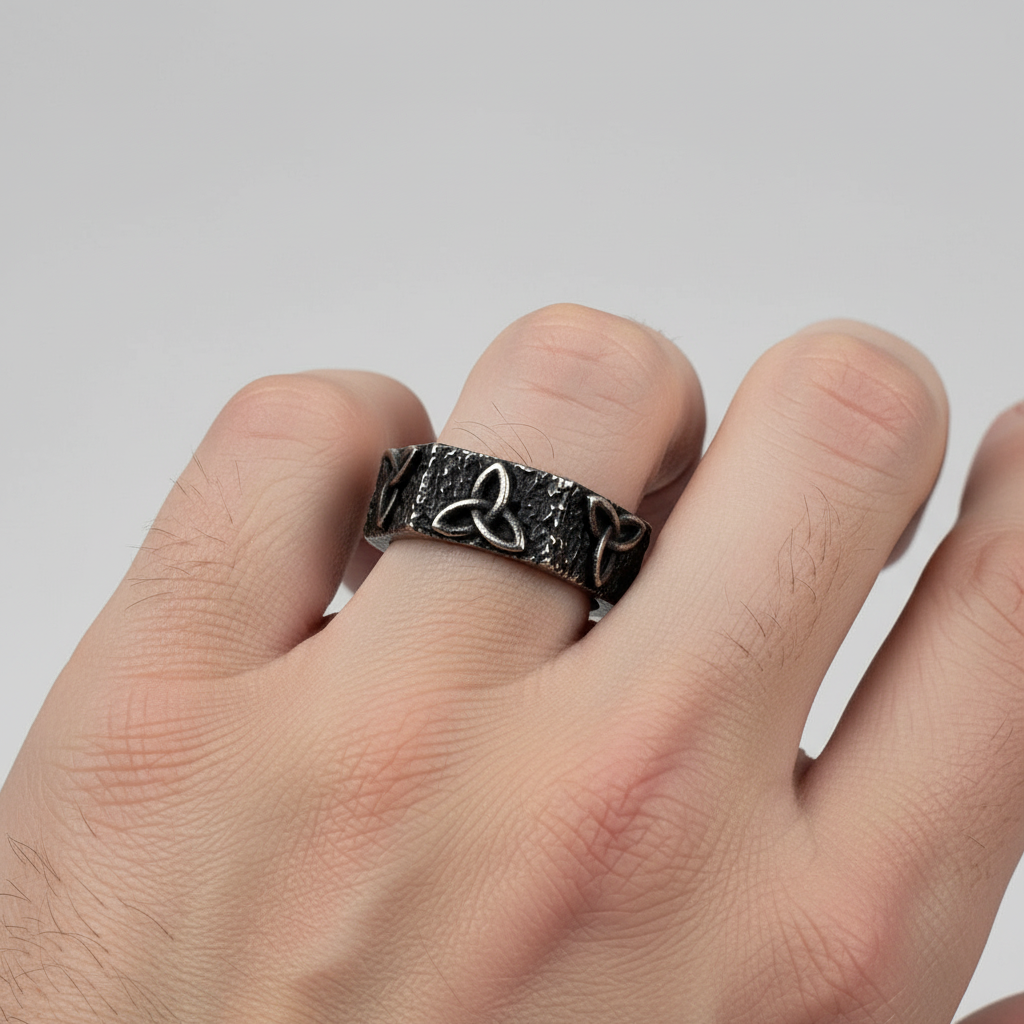 Hammered Octagon with Trinity Knot Ring