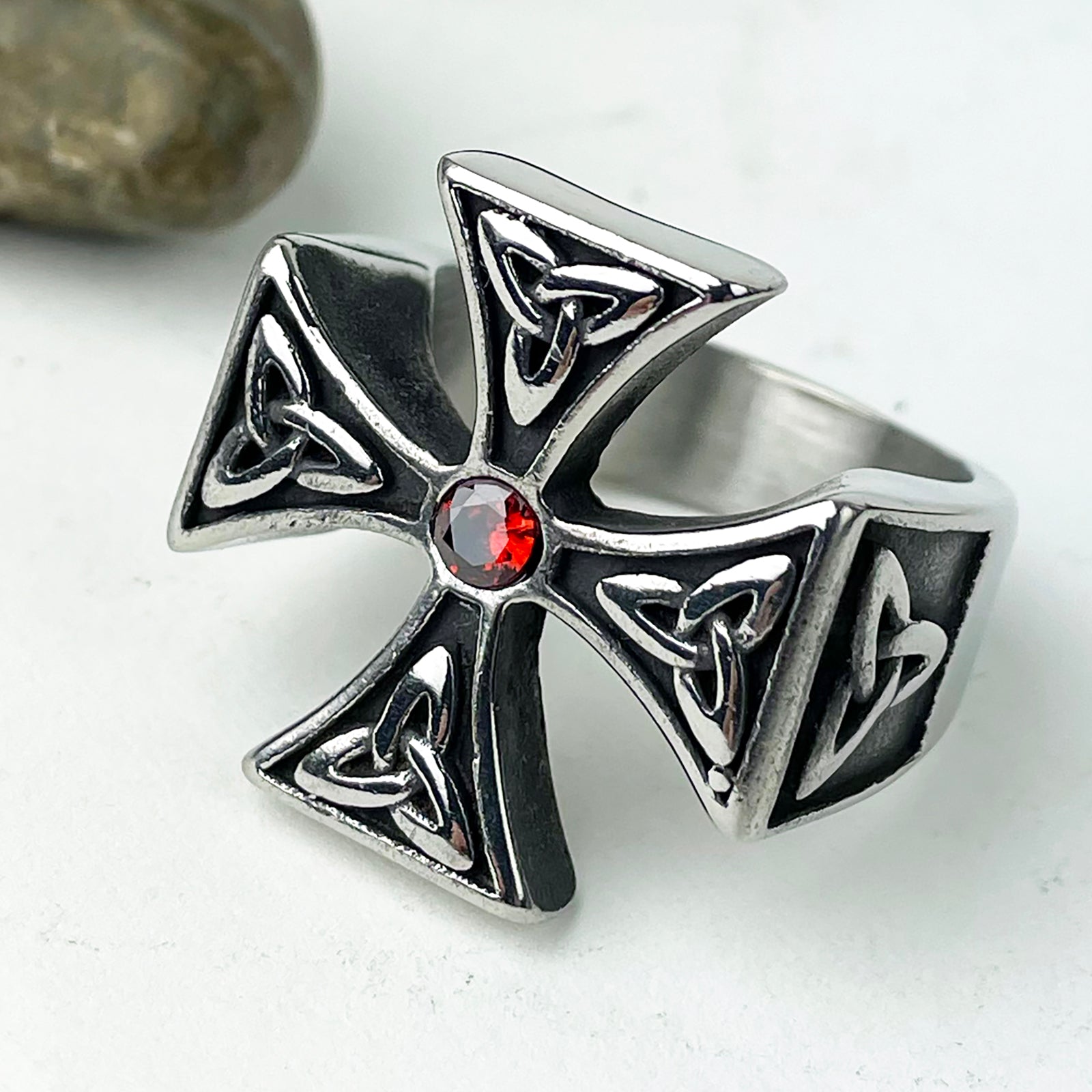 Square Cross with Triknots and Red Stone