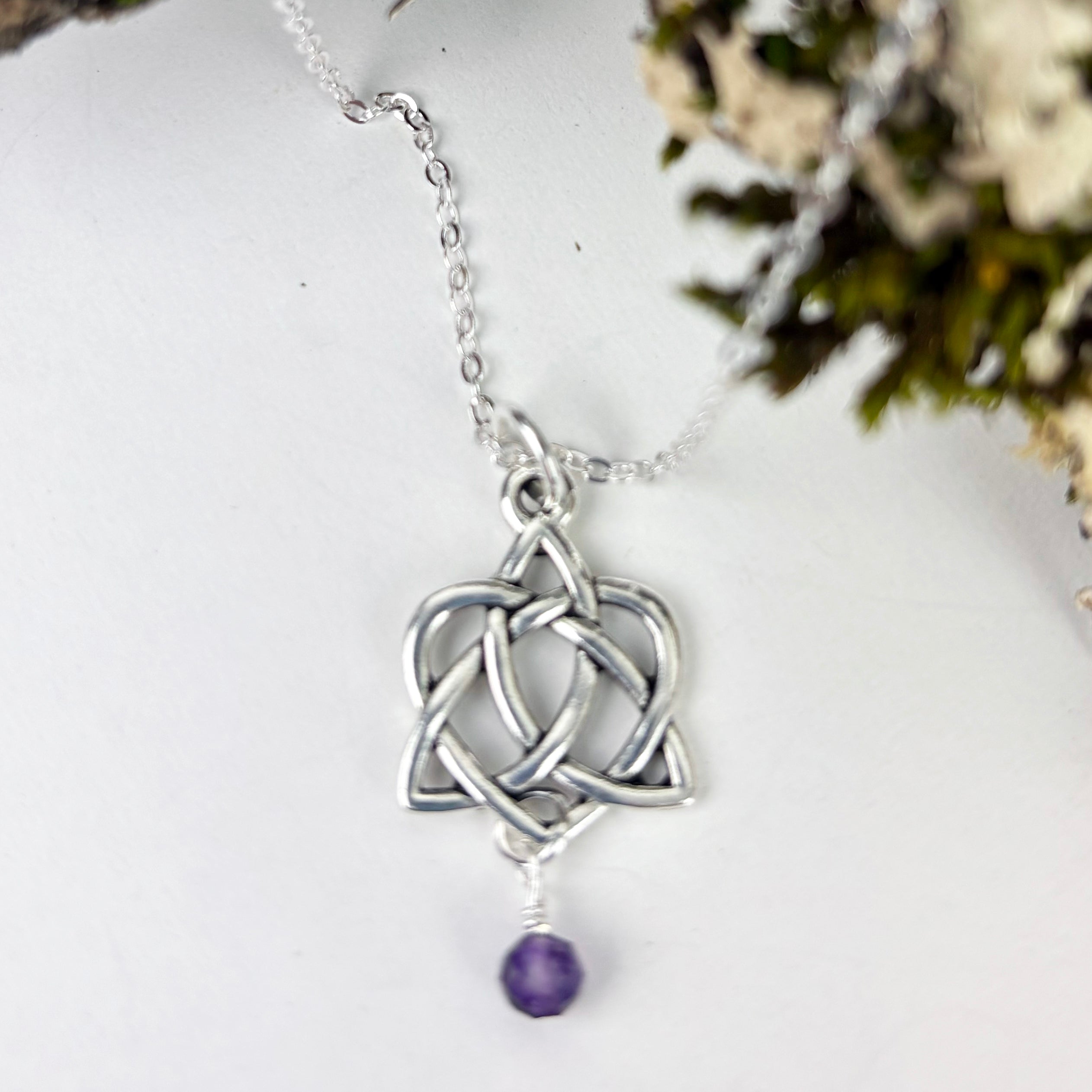 Celtic Trinity Heart Knot with 4mm faceted Amethyst gemstone