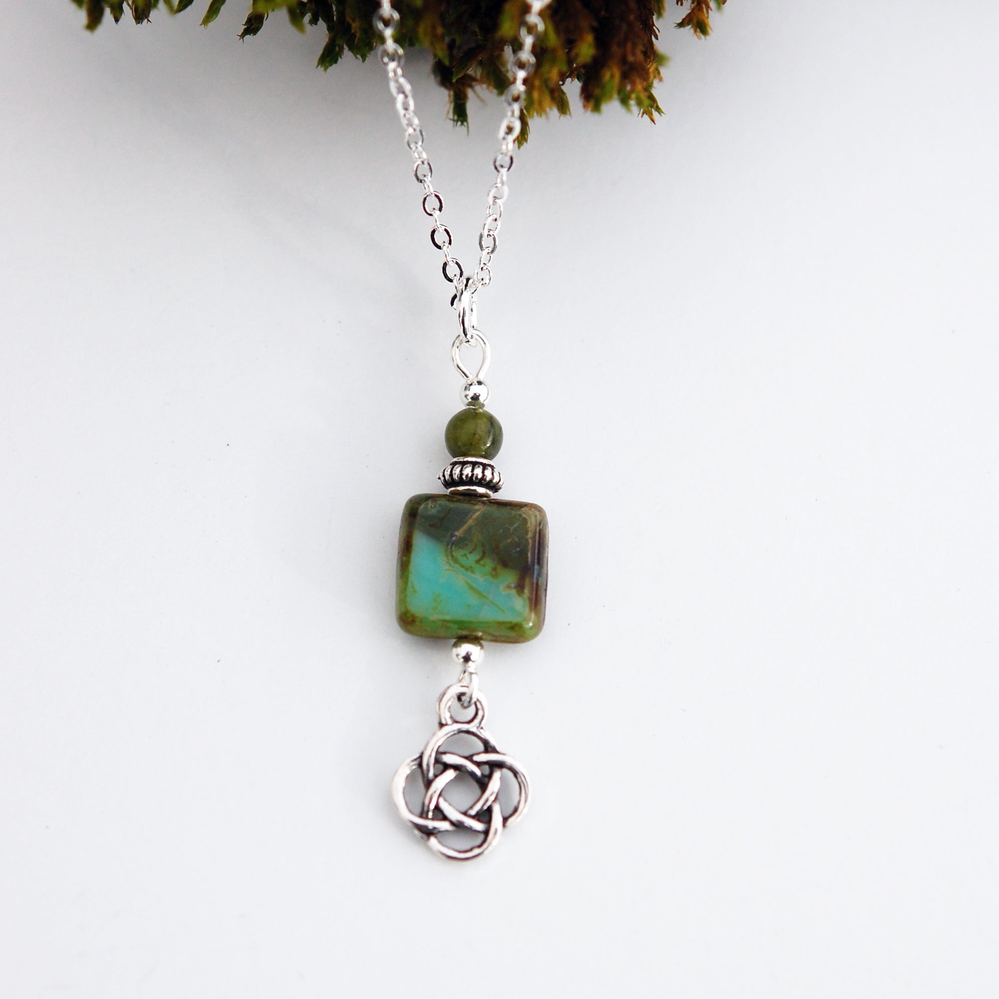 Green Garnet with Picasso Tile and Round Celtic Knot Drop