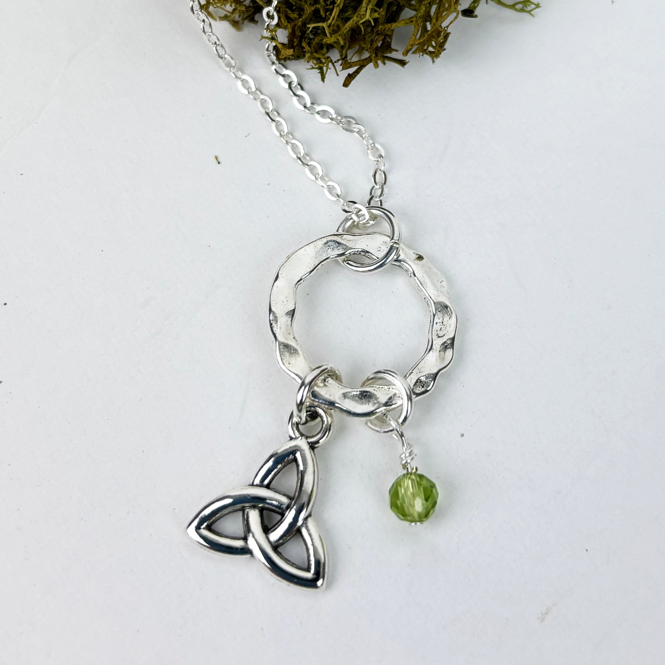 Hammered Circle of Life with Celtic Trinity Knot and Peridot