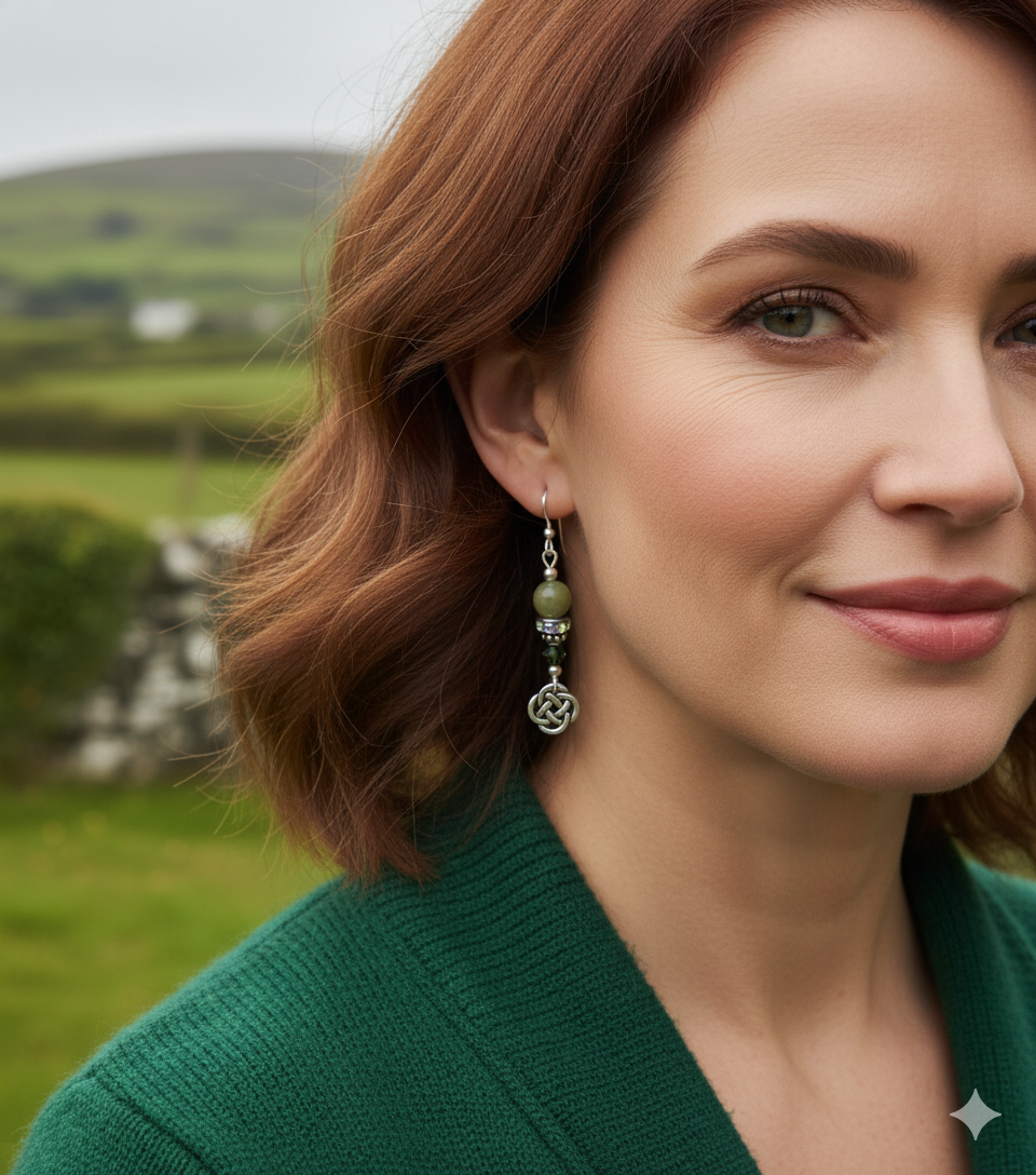 Connemara Marble Round Celtic Knot Earrings with Rhinestones