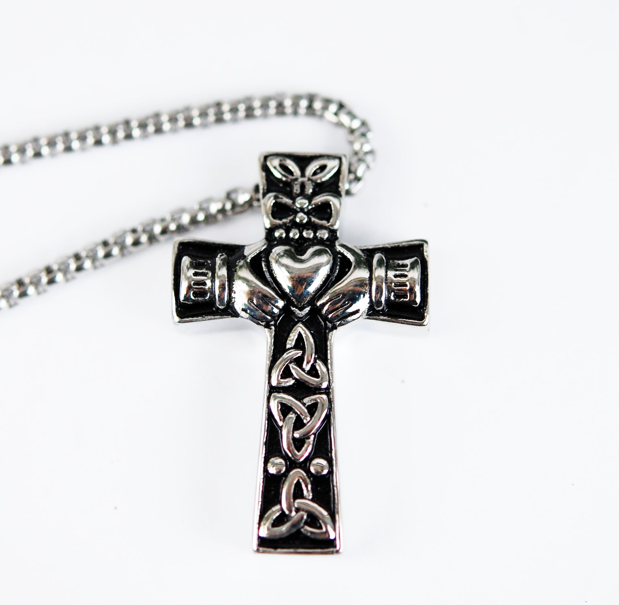 Celtic Cross with Trinity Knots and a Claddagh Center Memorial Pendant