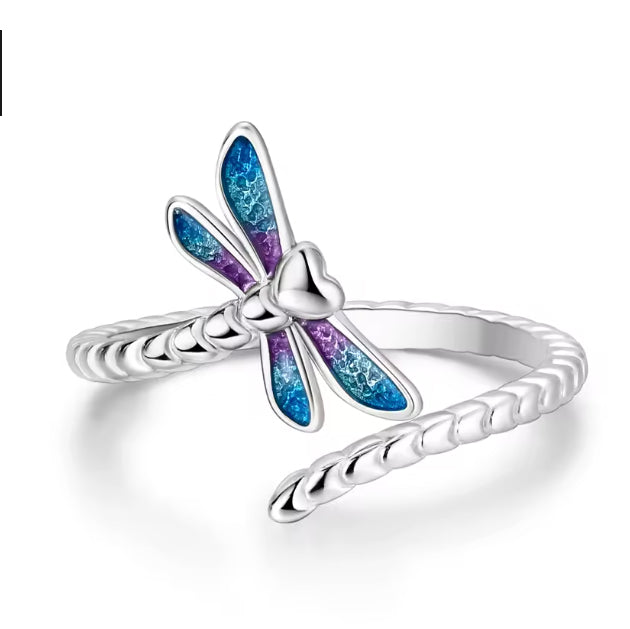 Dragonfly with Enameled Wings. Sterling Silver Ring