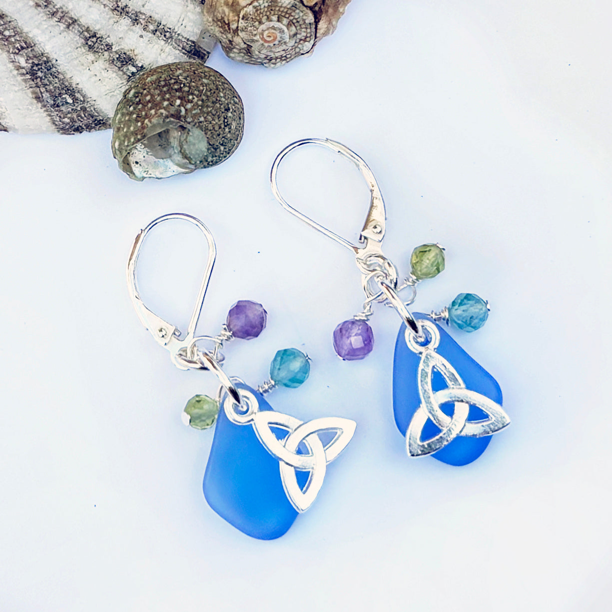 Sea Glass with Faceted Gemstones and Trinity Knot Earrings