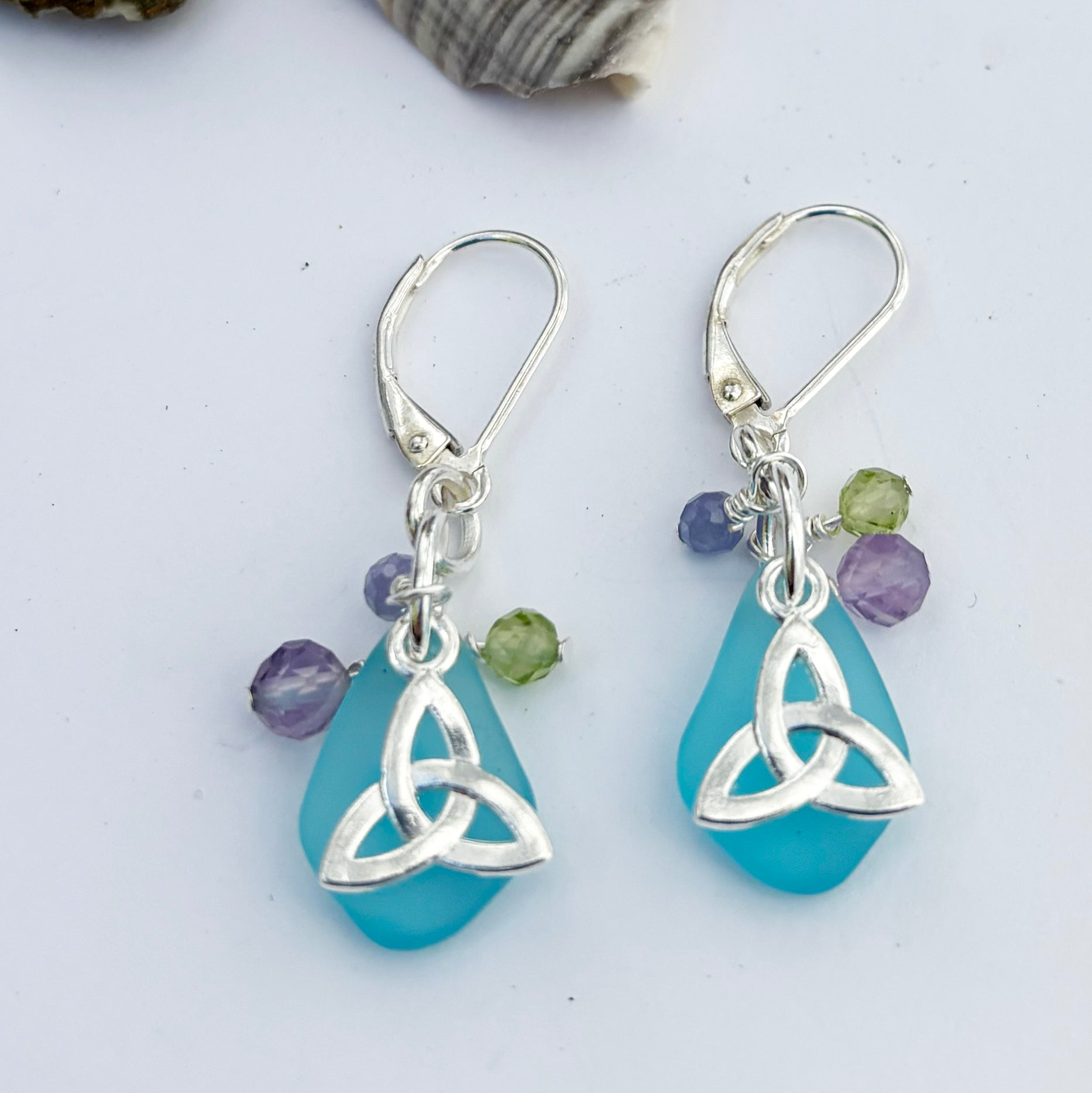 Sea Glass with Faceted Gemstones and Trinity Knot Earrings
