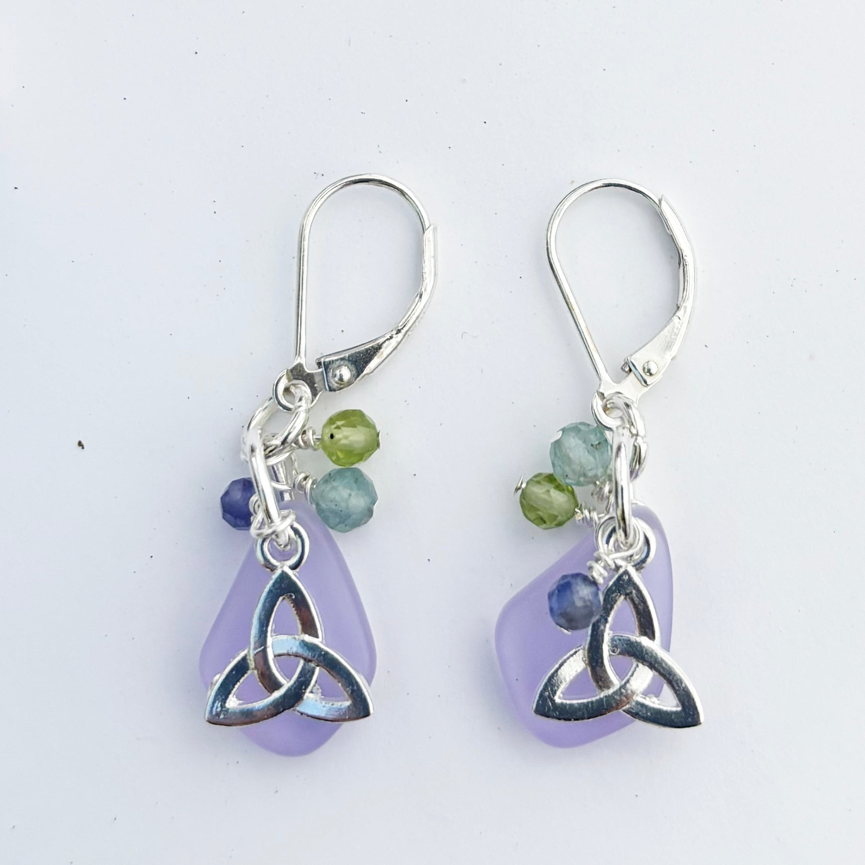 Sea Glass with Faceted Gemstones and Trinity Knot Earrings