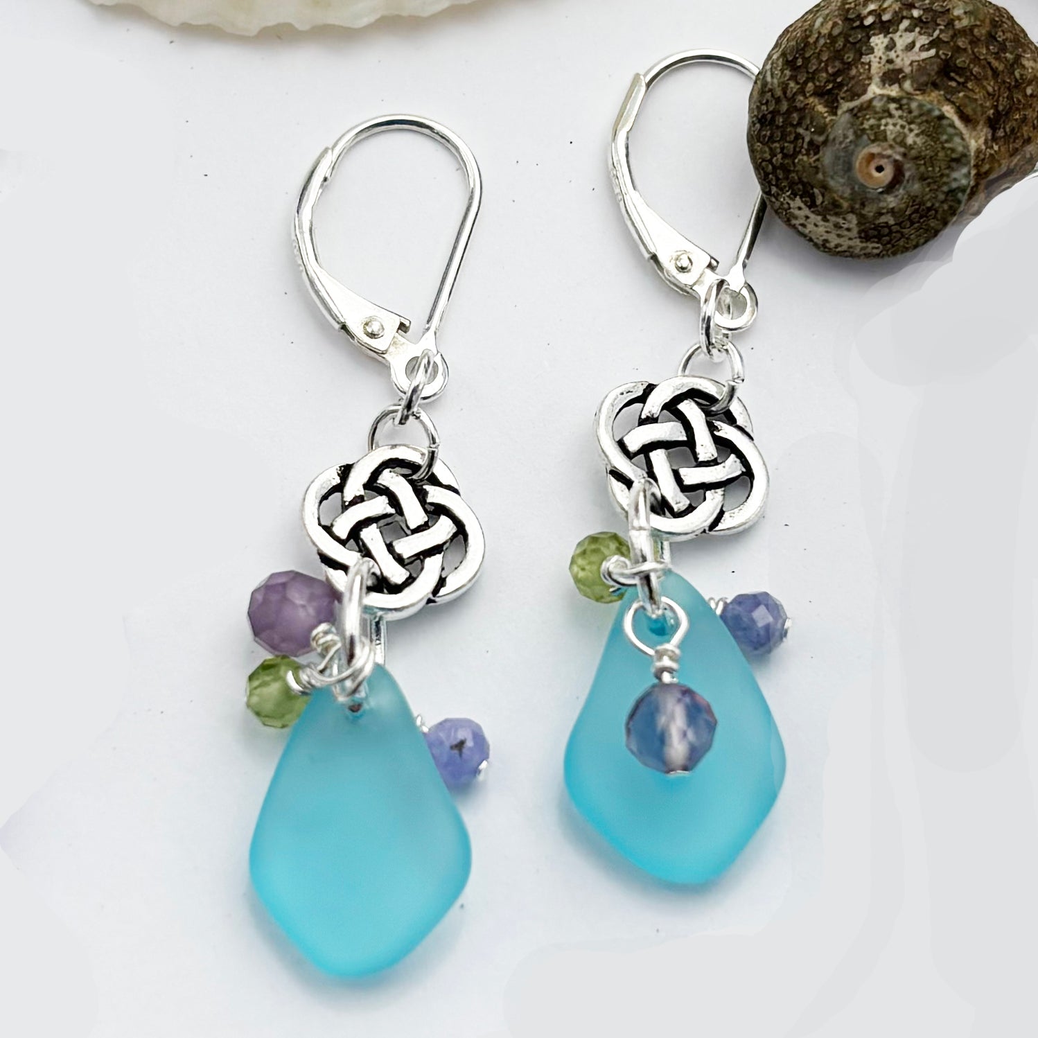 Small Round Celtic Knot with Pebble Sea Glass Earrings with Gemstones