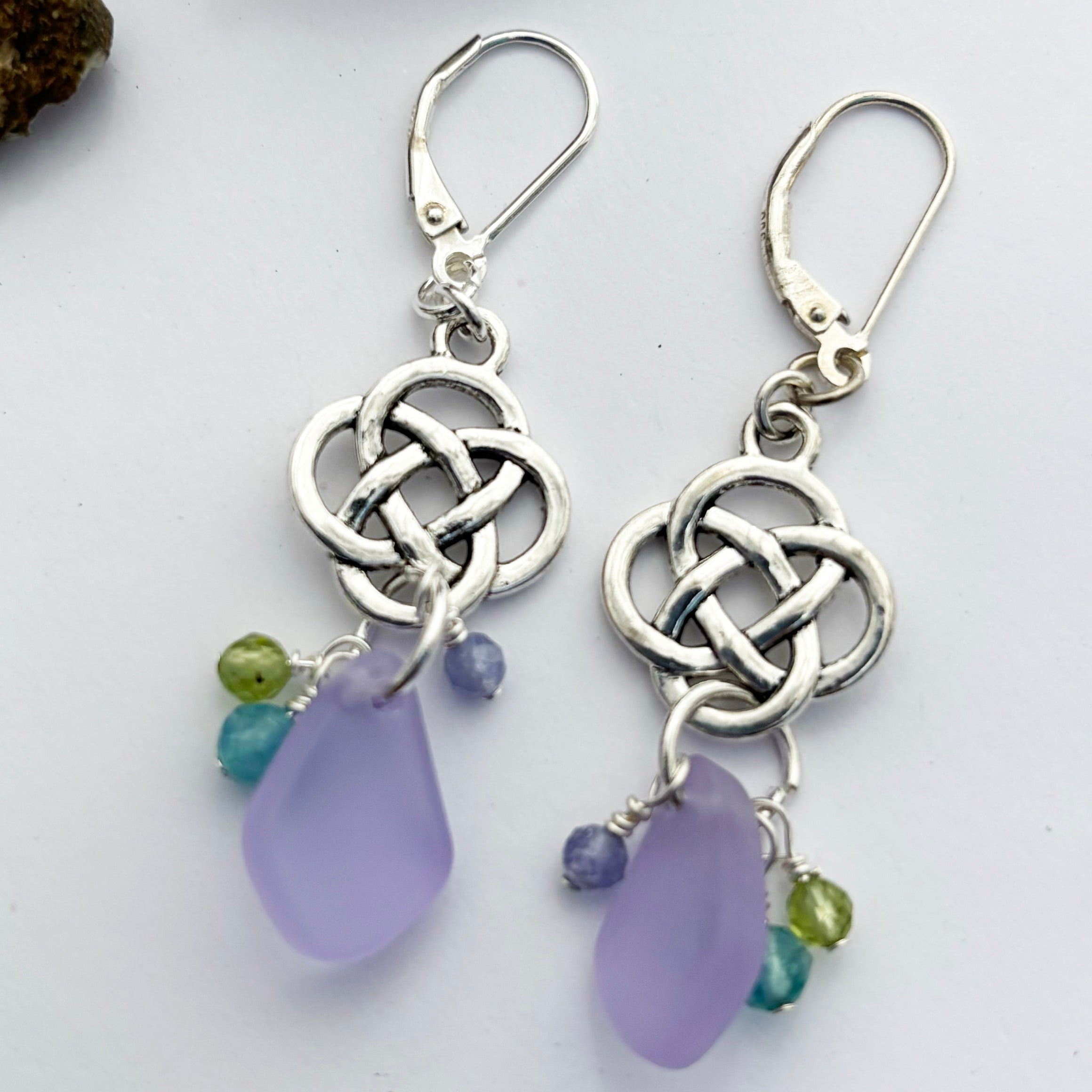 Medium Round Celtic Knot with Pebble Sea Glass Earrings