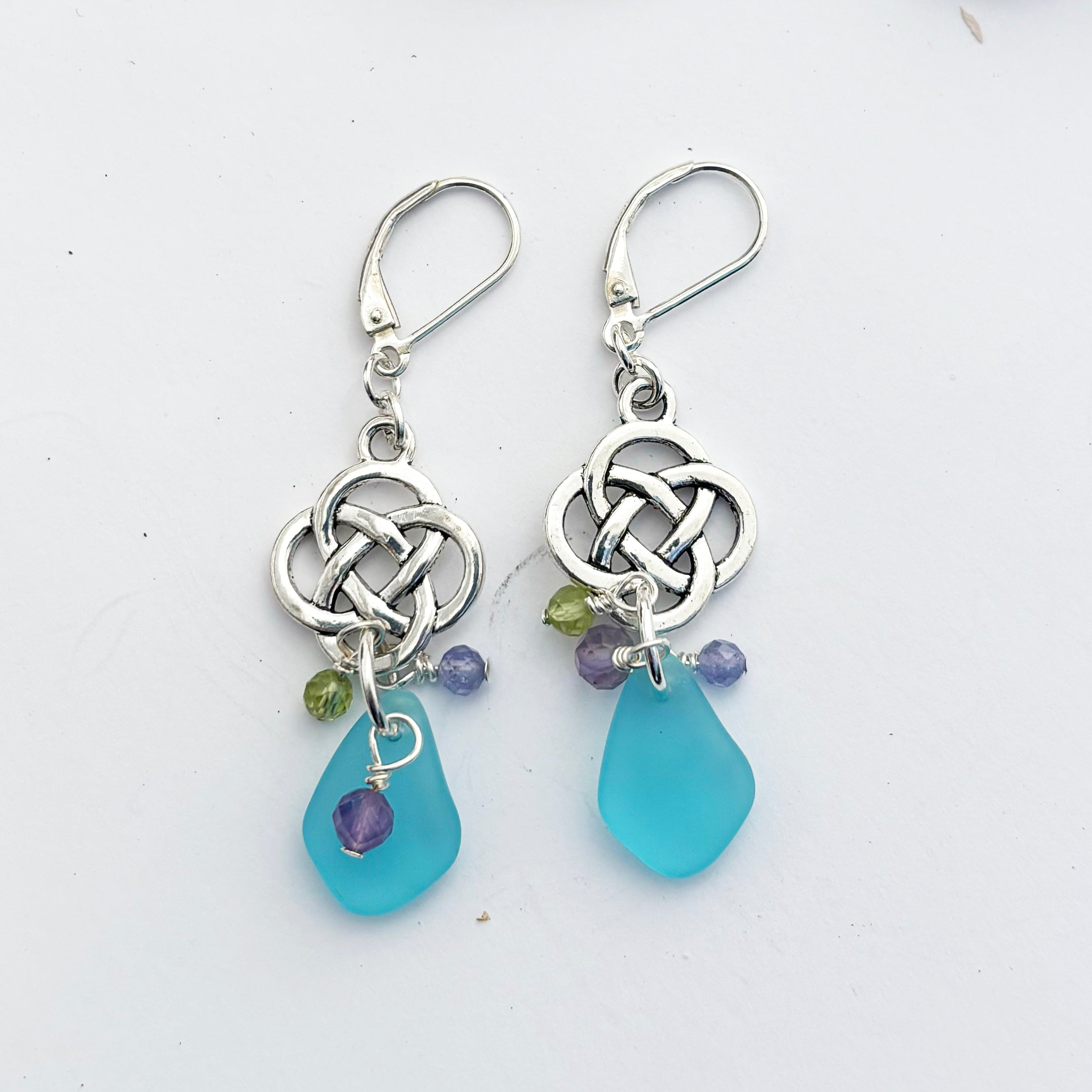 Medium Round Celtic Knot with Pebble Sea Glass Earrings