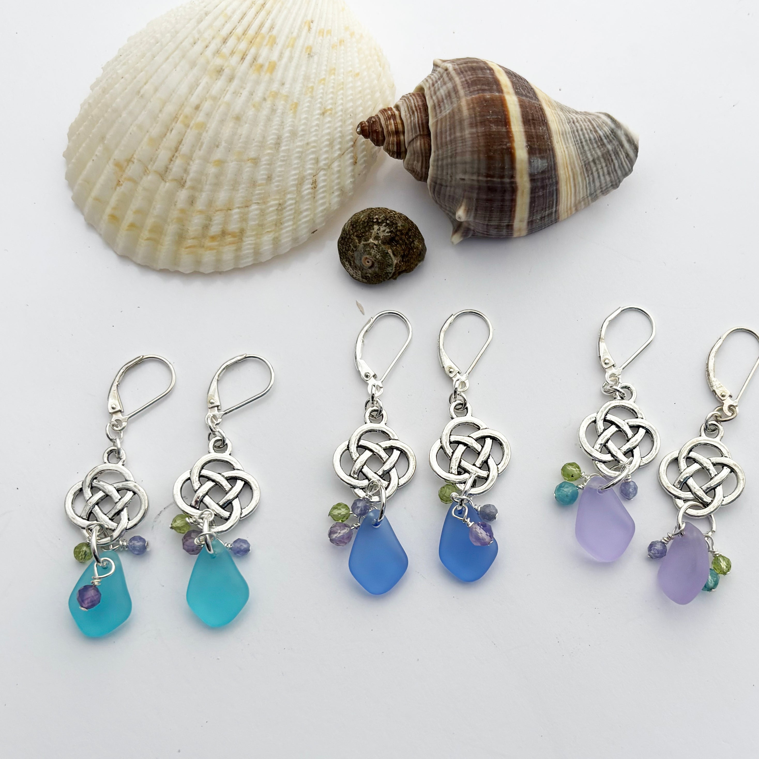 Medium Round Celtic Knot with Pebble Sea Glass Earrings