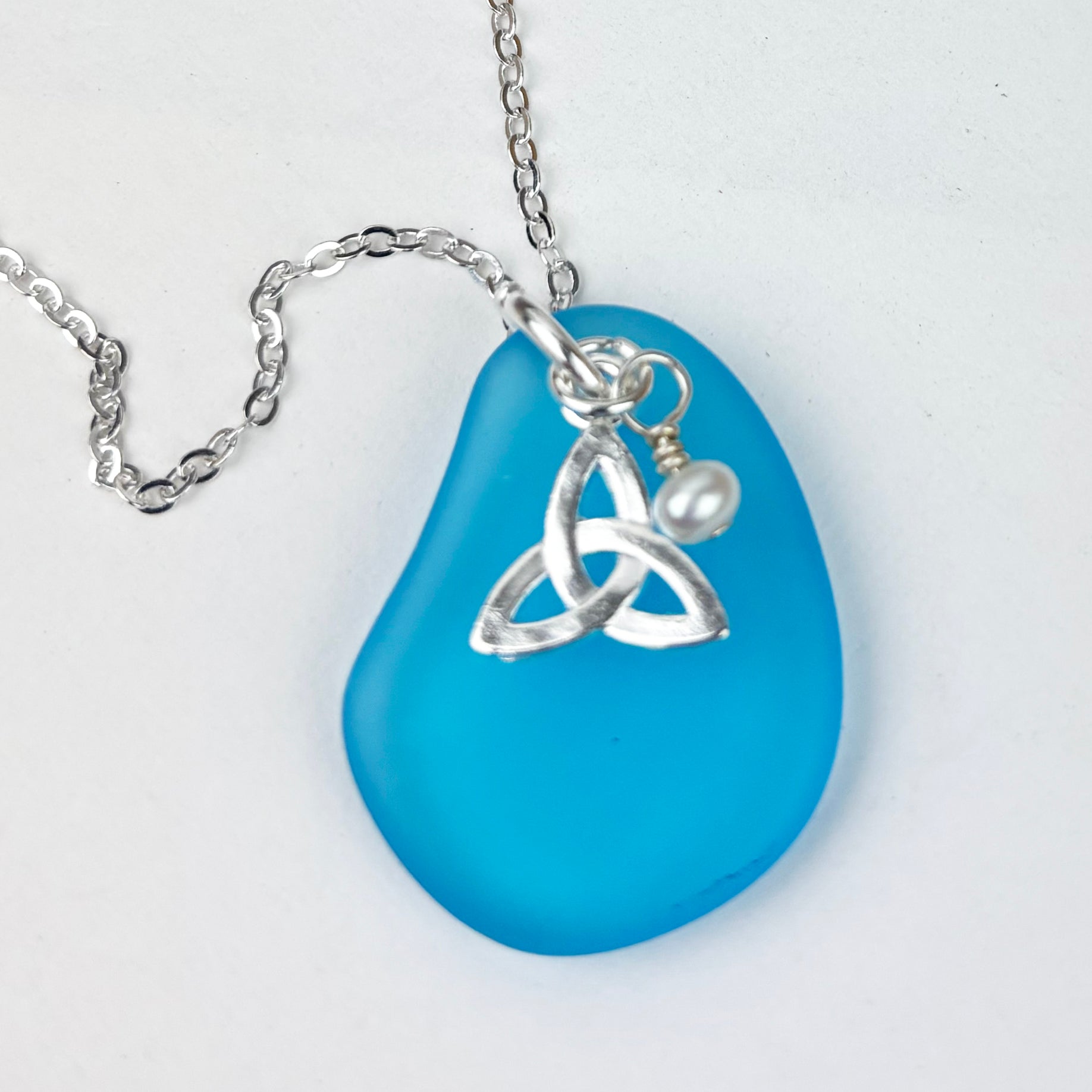 Sea Glass Pendant with Trinity Knot and Freshwater Pearl