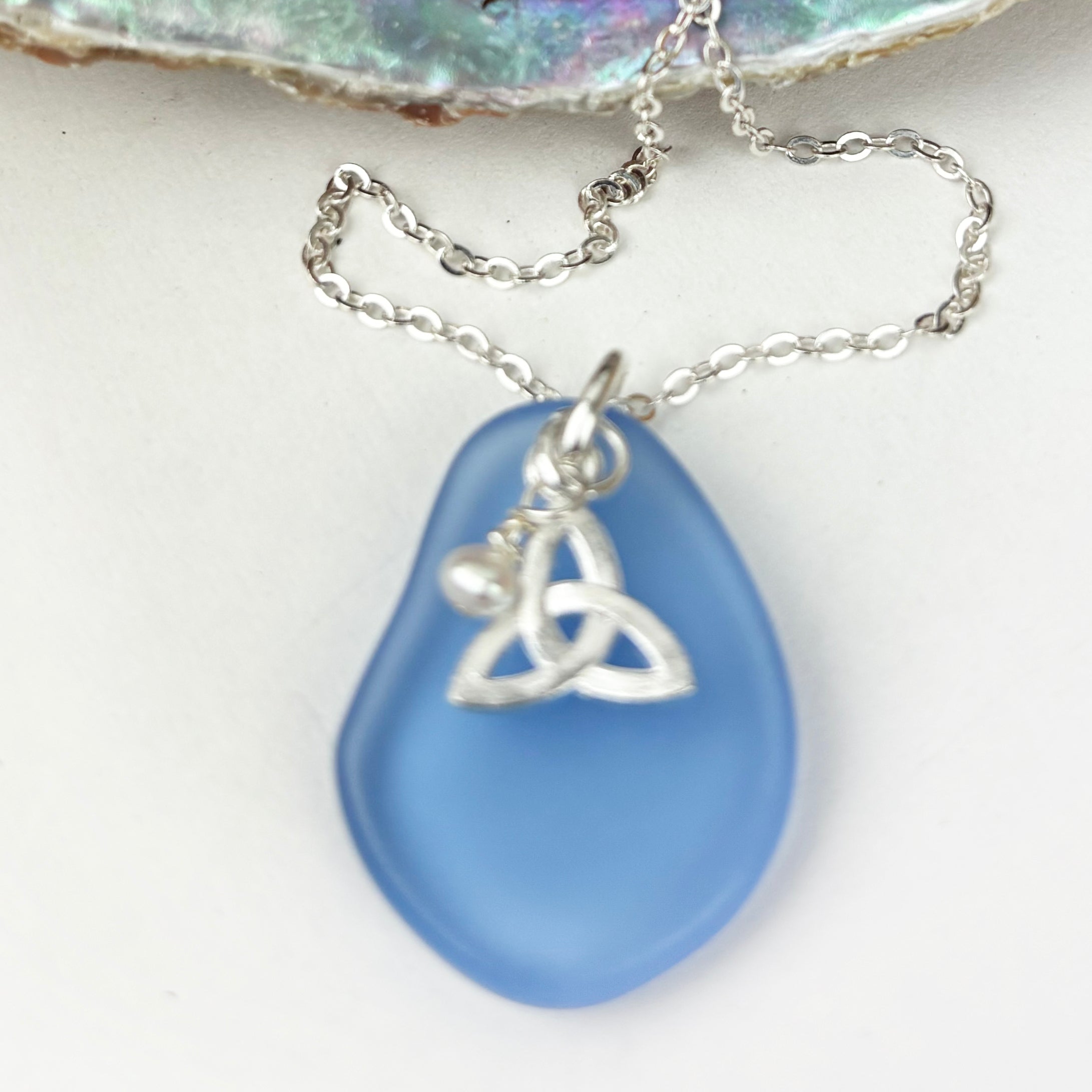 Sea Glass Pendant with Trinity Knot and Freshwater Pearl