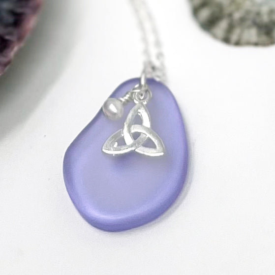 Sea Glass Pendant with Trinity Knot and Freshwater Pearl