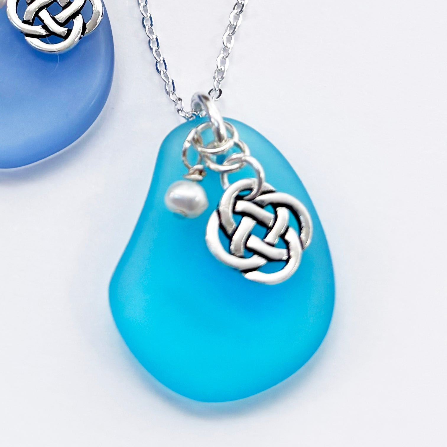 Sea Glass Pendant with Round Celtic Knot and Freshwater Pearl