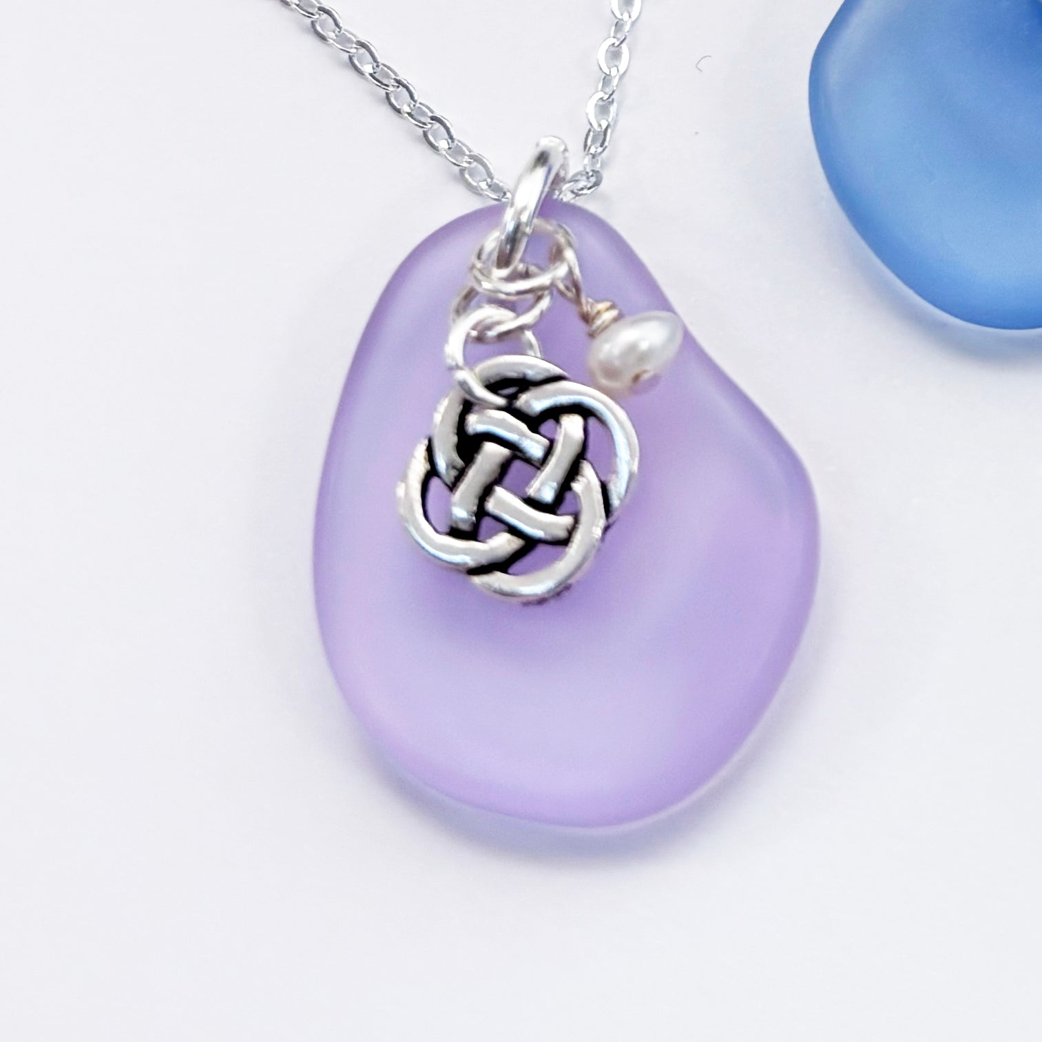 Sea Glass Pendant with Round Celtic Knot and Freshwater Pearl