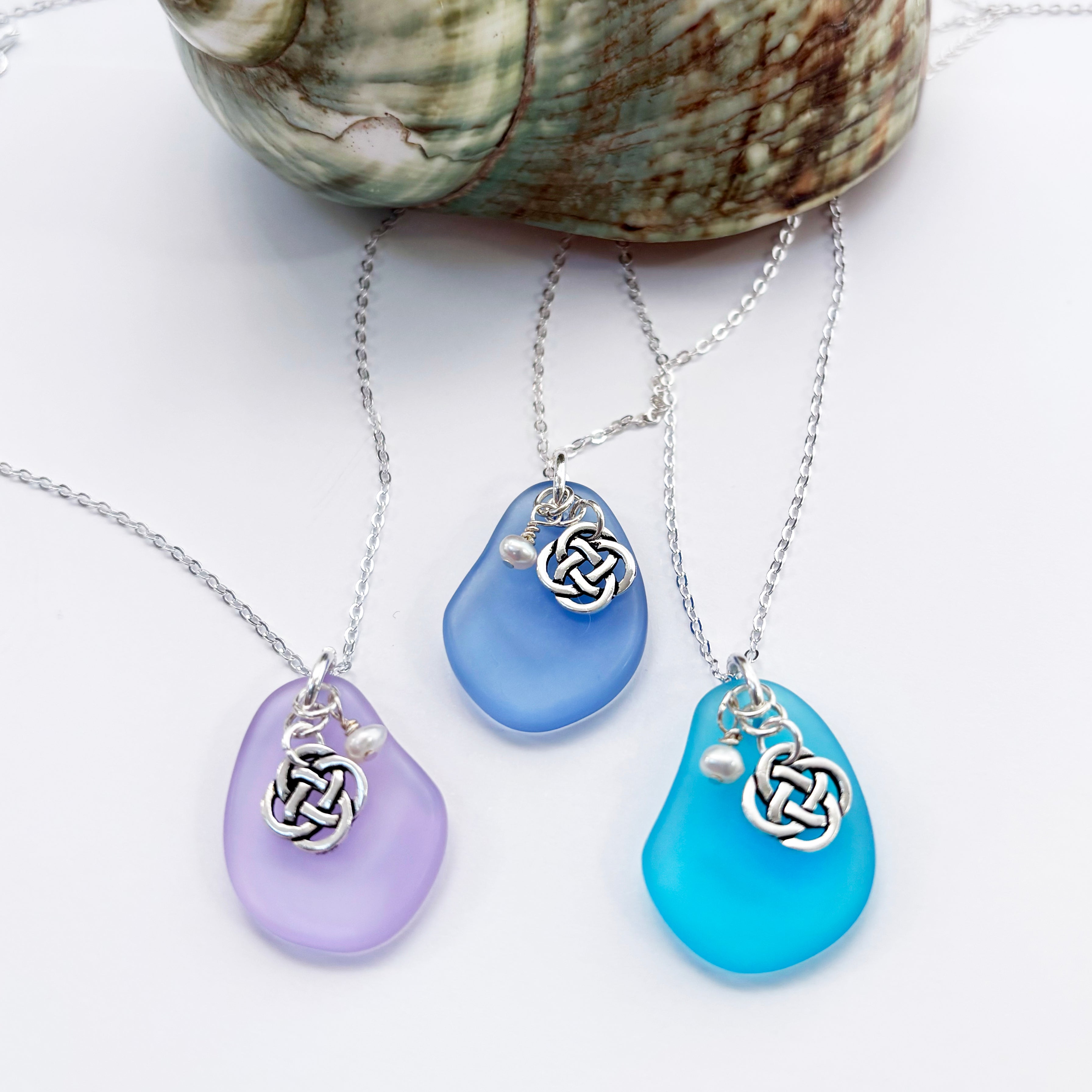 Sea Glass Pendant with Round Celtic Knot and Freshwater Pearl