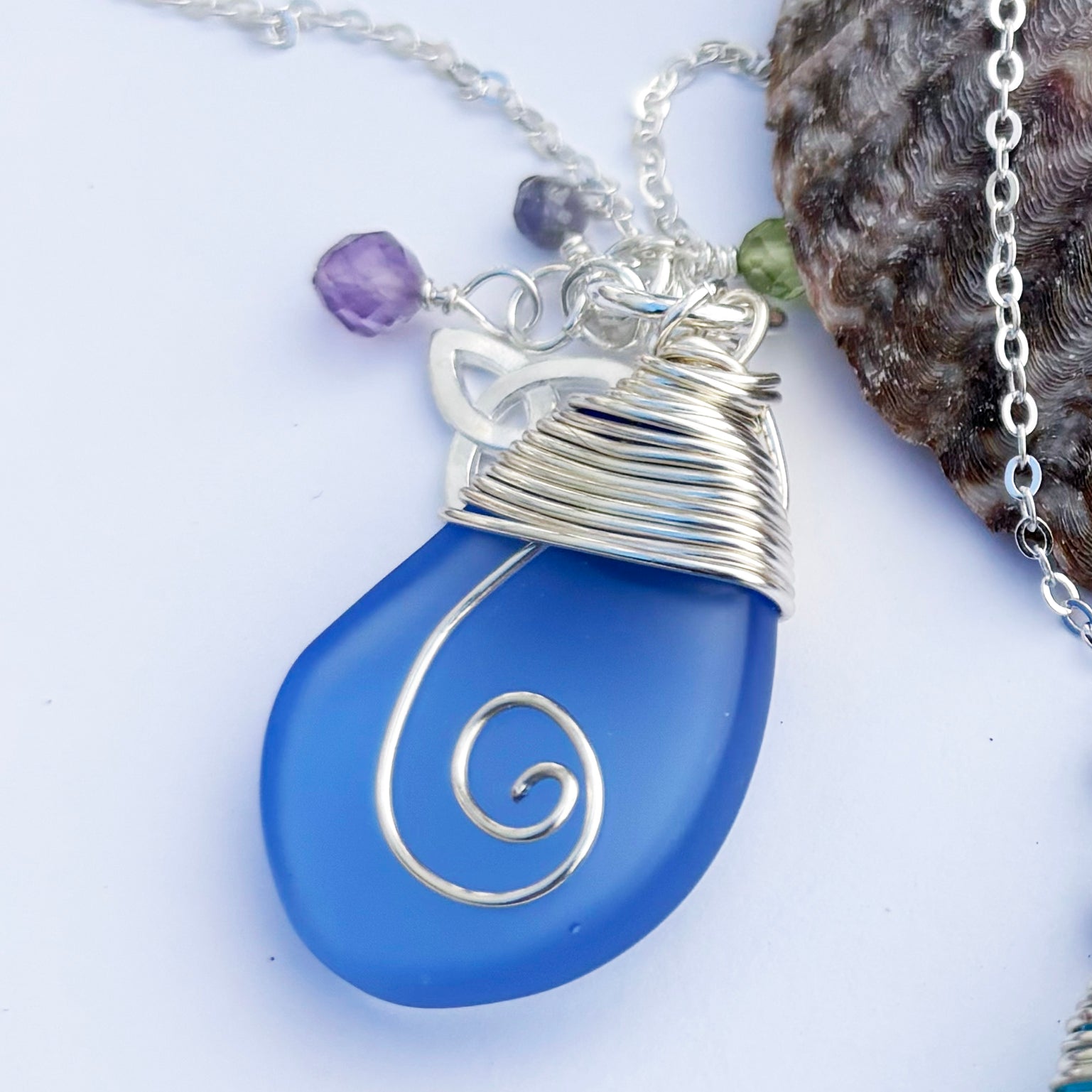 Sea Glass with Celtic Spiral and Real Faceted Gemstones Pendant