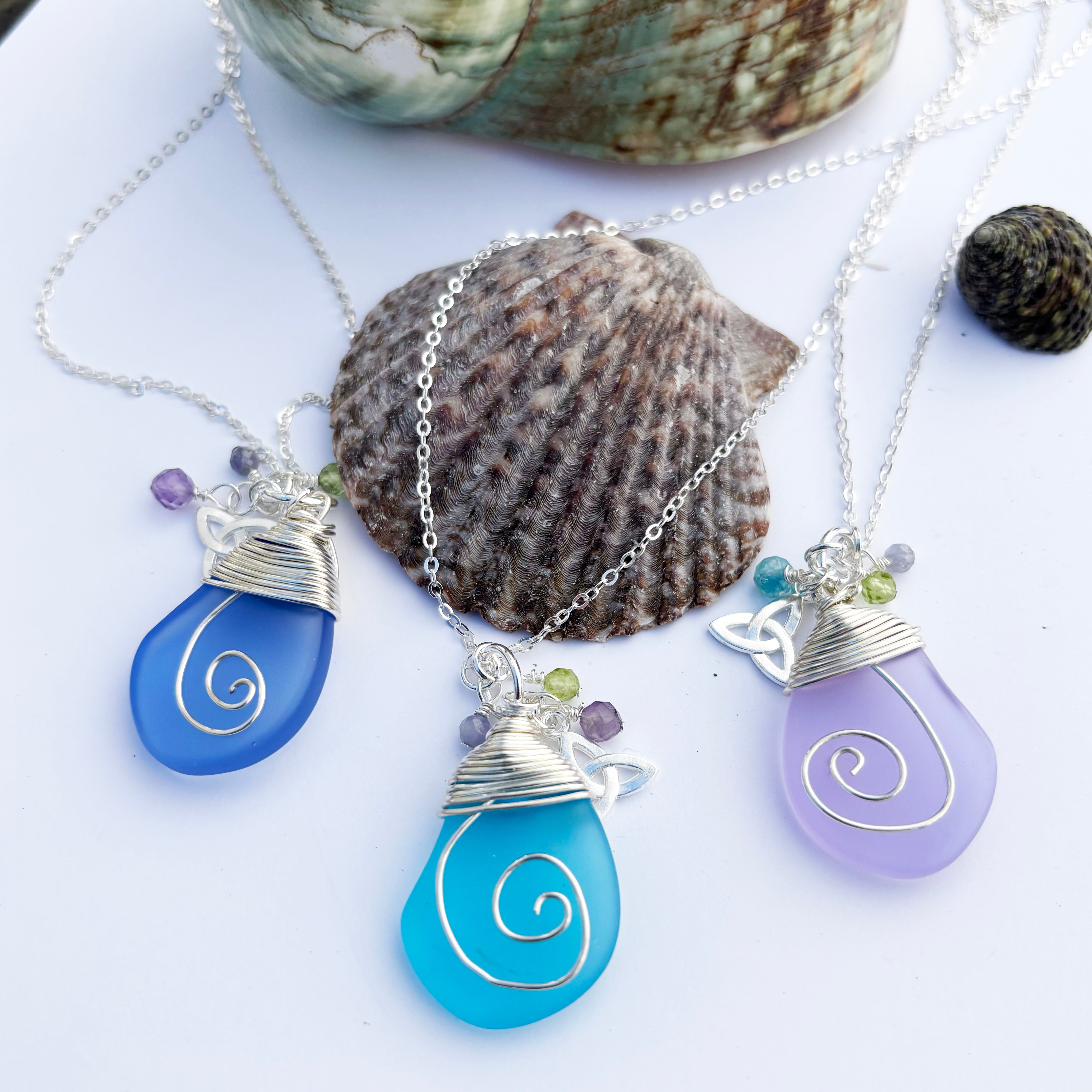 Sea Glass with Celtic Spiral and Real Faceted Gemstones Pendant