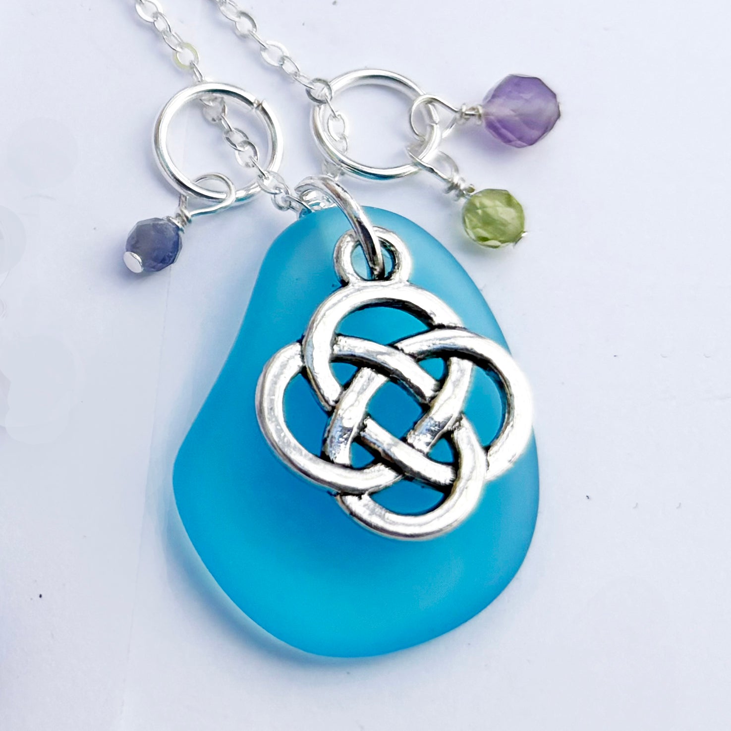 Round Celtic Knot with Sea Glass and Real Faceted Gemstones Pendant