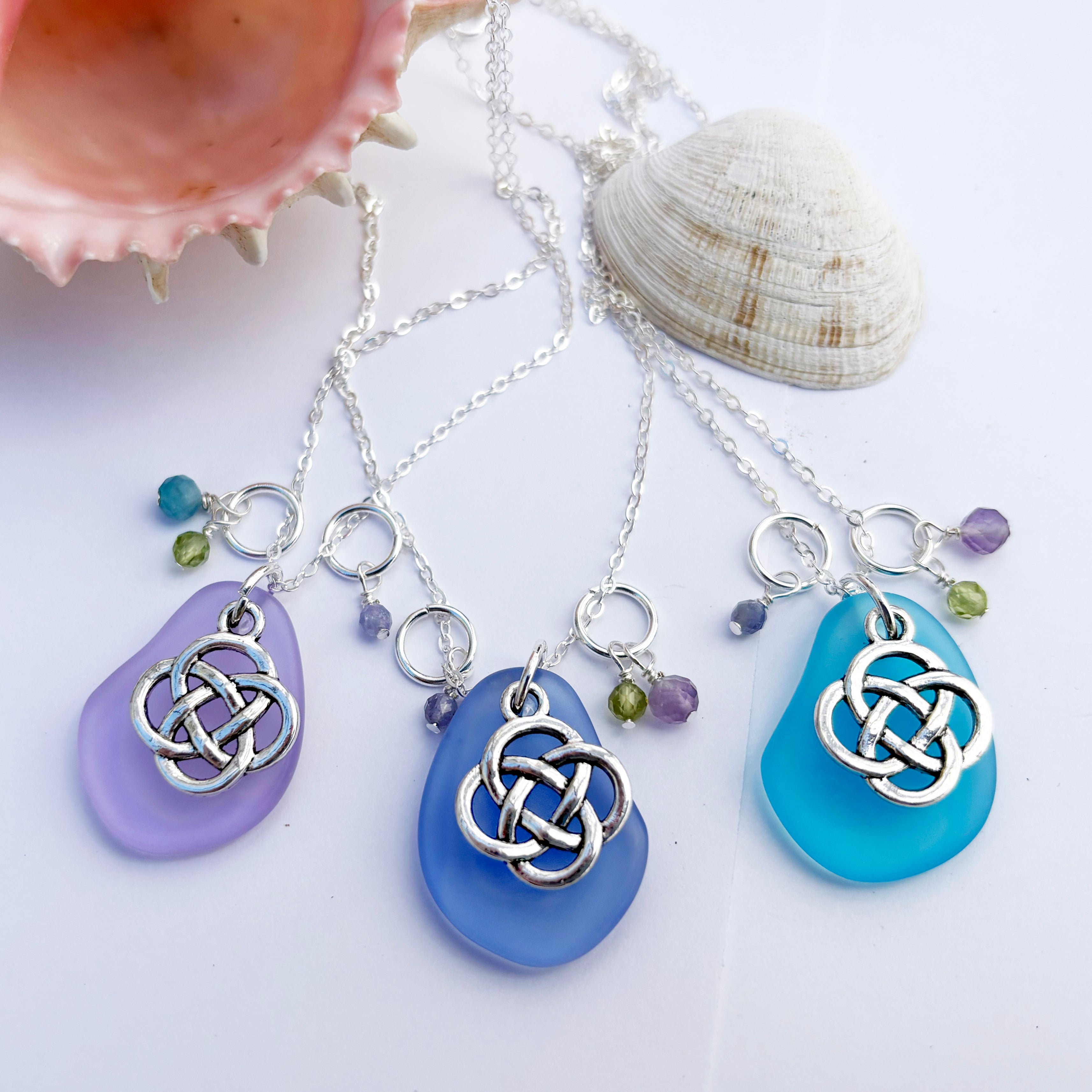 Round Celtic Knot with Sea Glass and Real Faceted Gemstones Pendant