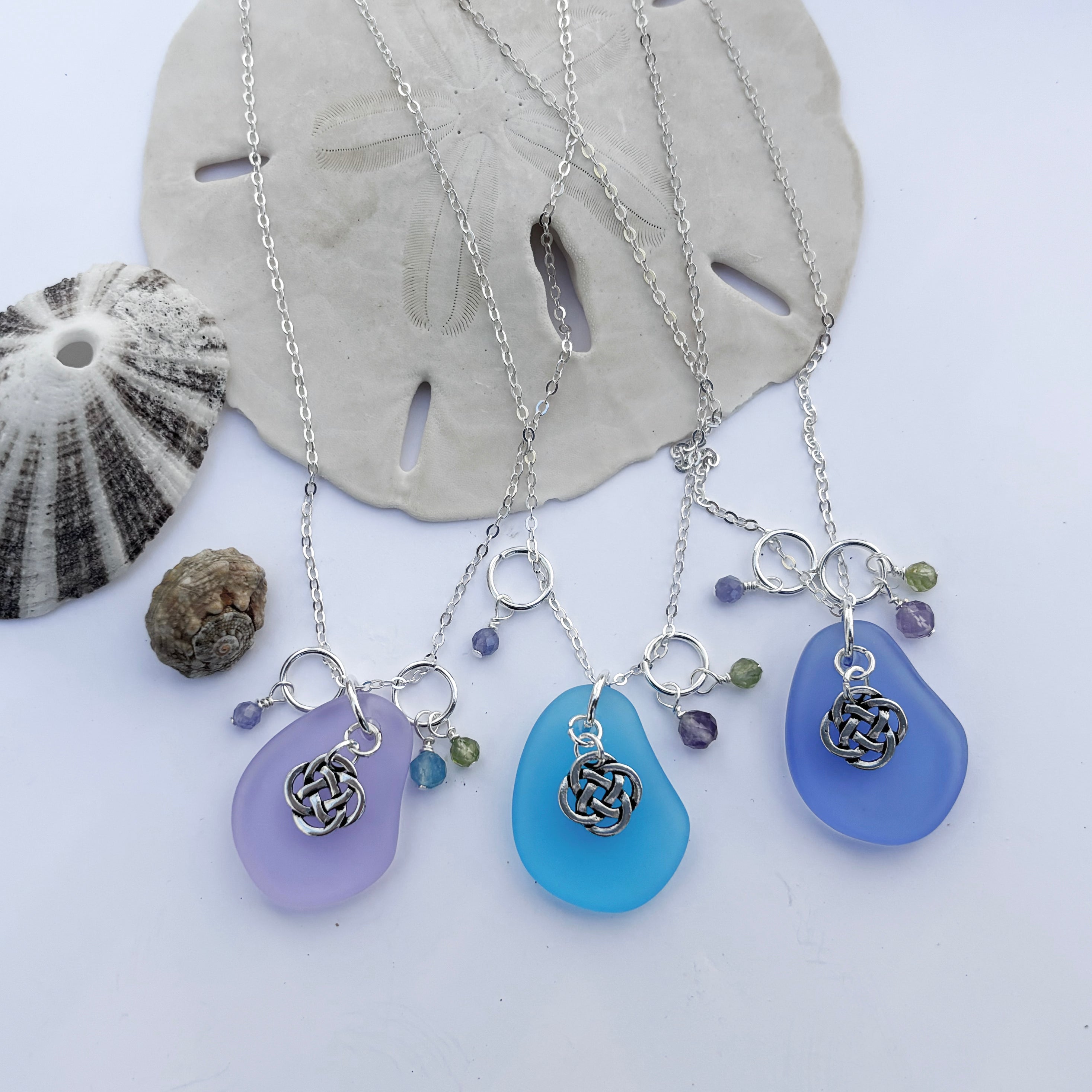 Small Round Celtic Knot with Sea Glass and Faceted Gemstones Pendant