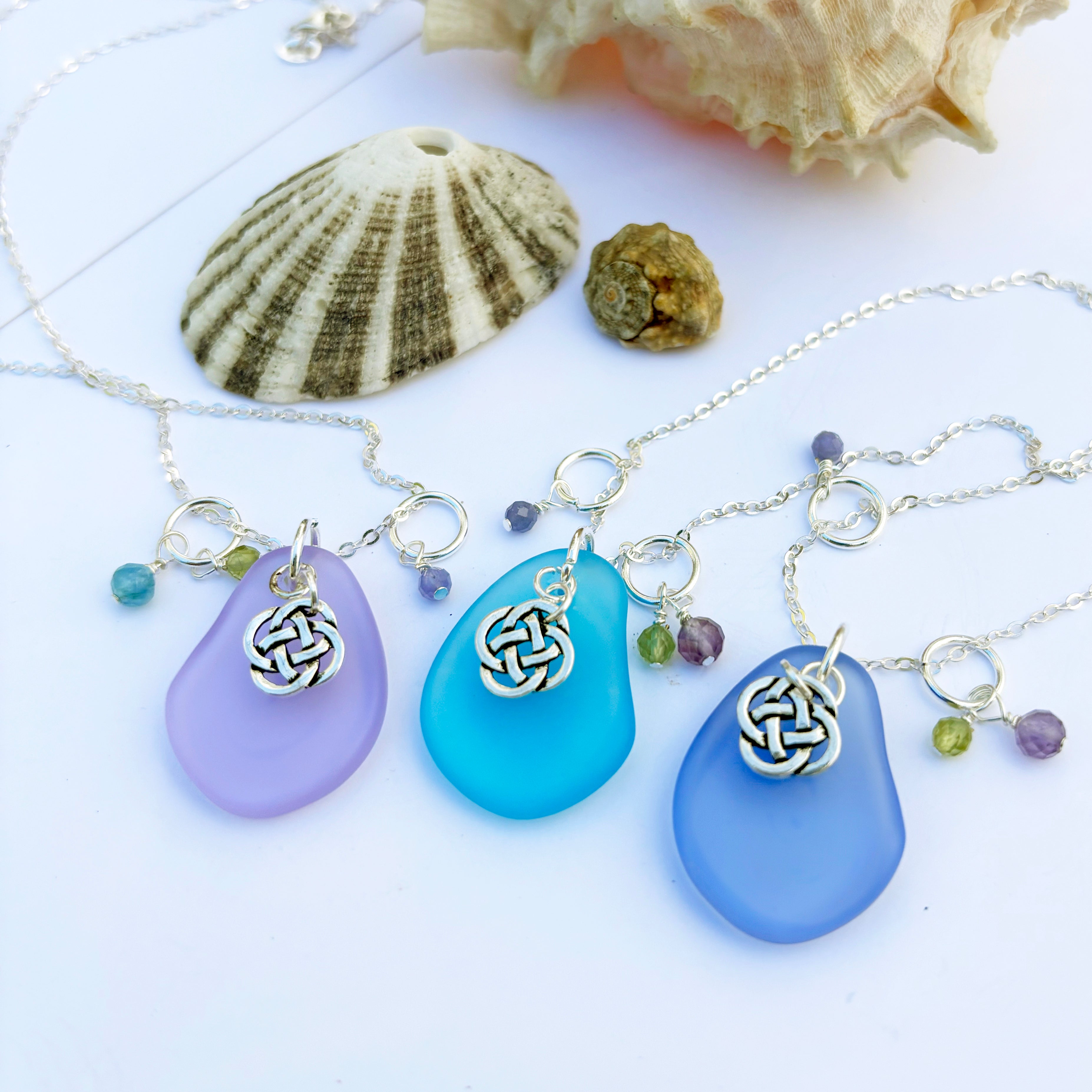 Small Round Celtic Knot with Sea Glass and Faceted Gemstones Pendant