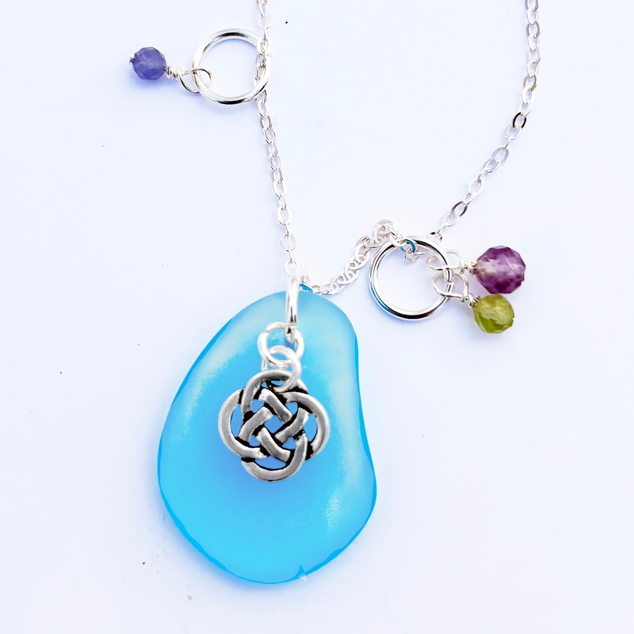Small Round Celtic Knot with Sea Glass and Faceted Gemstones Pendant