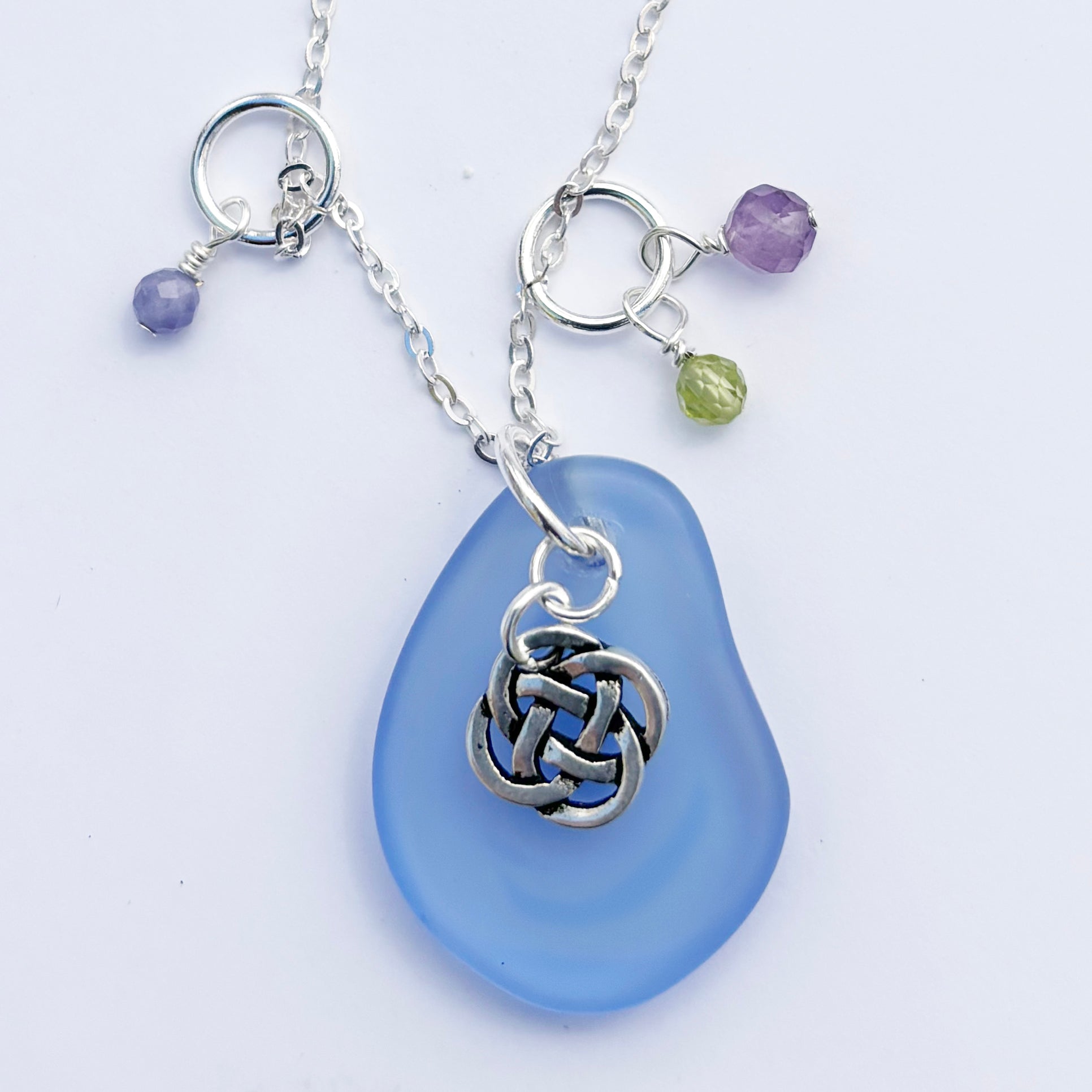Small Round Celtic Knot with Sea Glass and Faceted Gemstones Pendant